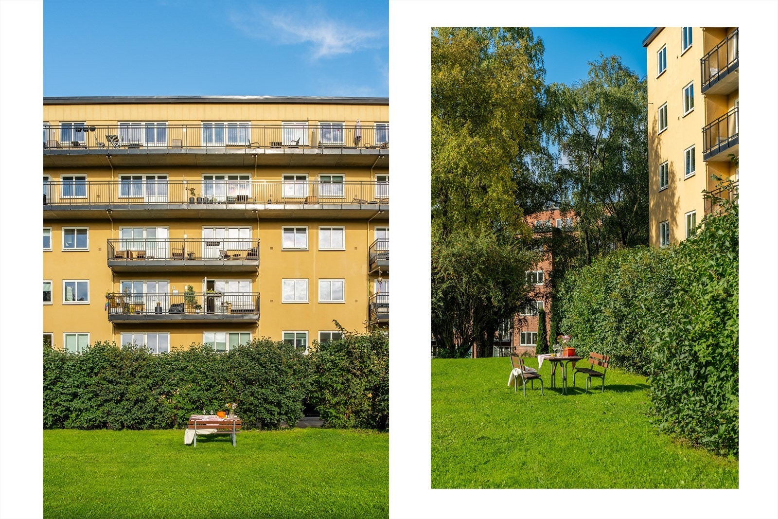 Borettslagets fellesområde er pent opparbeidet med plen, prydbusker og asfalterte internveier til oppgangene. Galleribilde