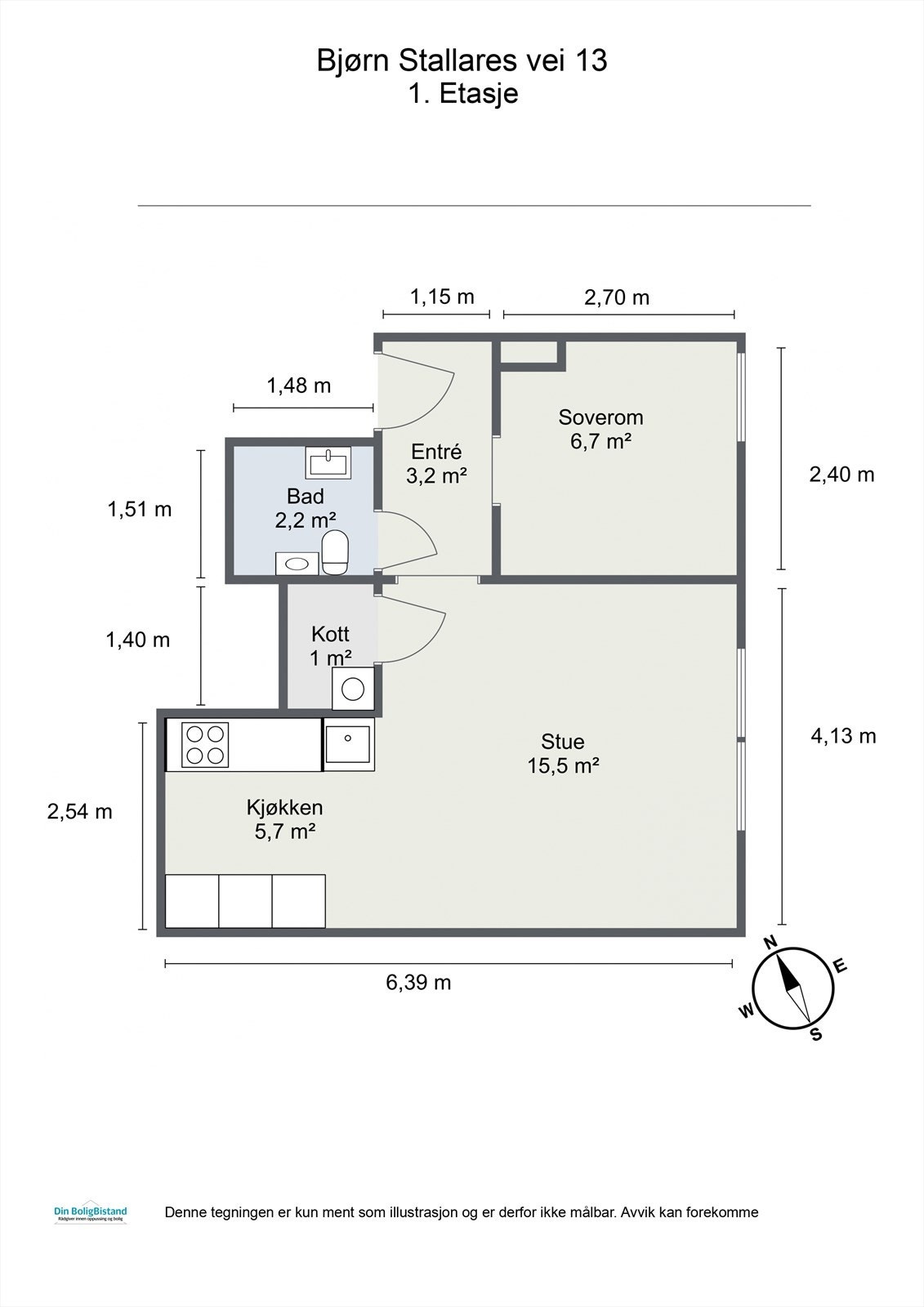 Leiligheten ligger i 1. etasje og inneholder entré, bad, soverom, kott og åpen- stue og kjøkkenløsning. Leiligheten disponerer også en bod i kjelleretasjen. Galleribilde