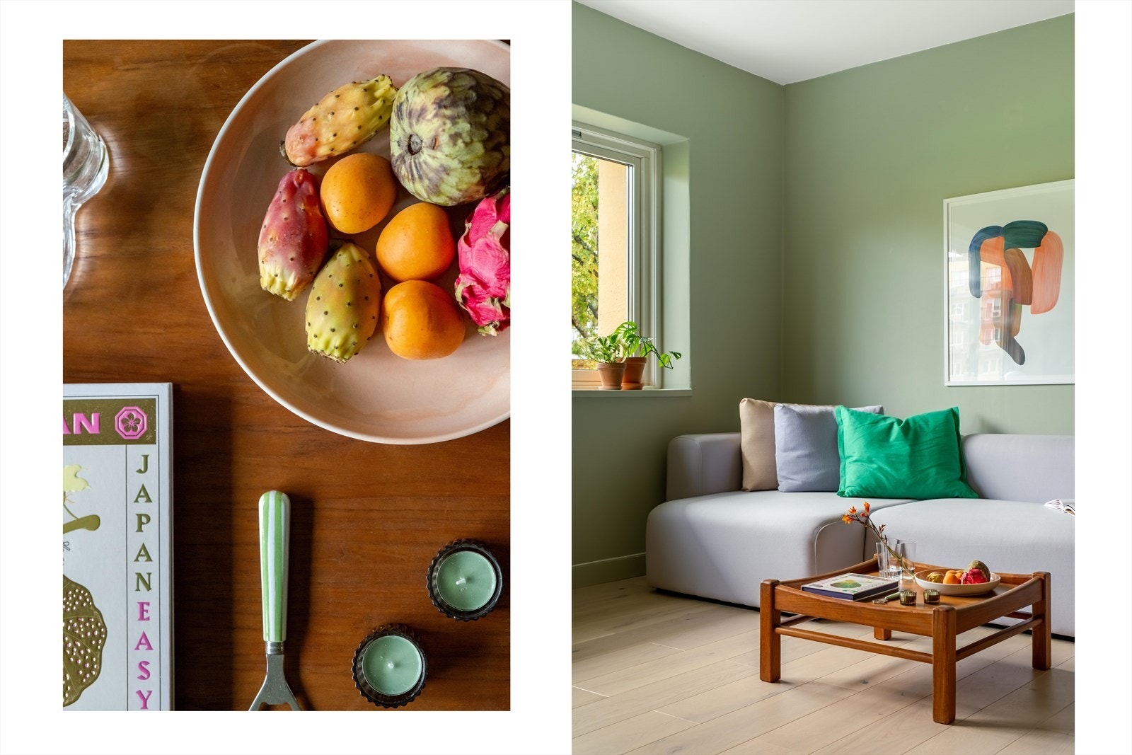 Fargen på veggene harmonerer veldig godt sammen med naturlig treverk og grønne planter. Galleribilde