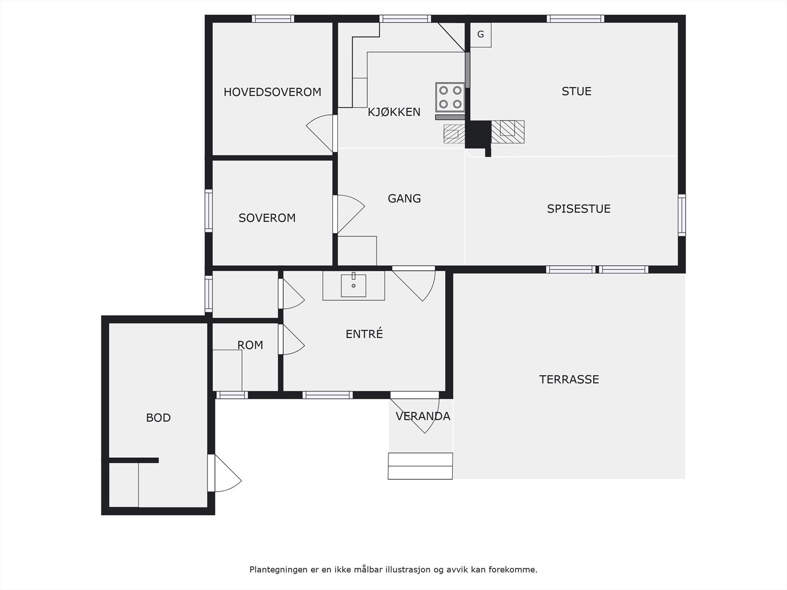 Plantegning. Hytta har en god planløsning med et sosialt oppholdsrom og 2 soverom med totalt 7 sengeplasser. Galleribilde