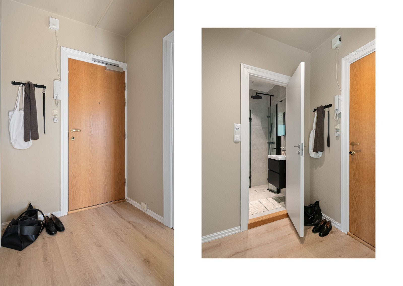 Velkommen inn! Ditt første møte med leiligheten er en romslig, lys entré. Her er det godt med plass til å henge av seg yttertøyet. Galleribilde