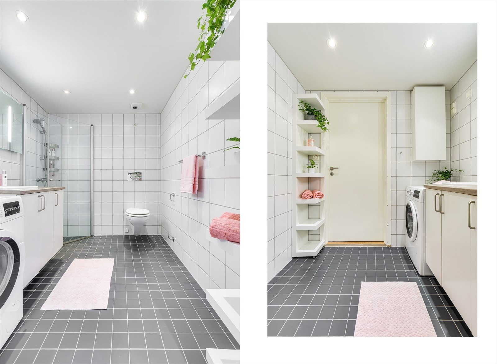Innredningen består bl.a. av praktiske innfellbare dusjdører, opplegg for vaskemaskin og vegghengt toalett. Galleribilde