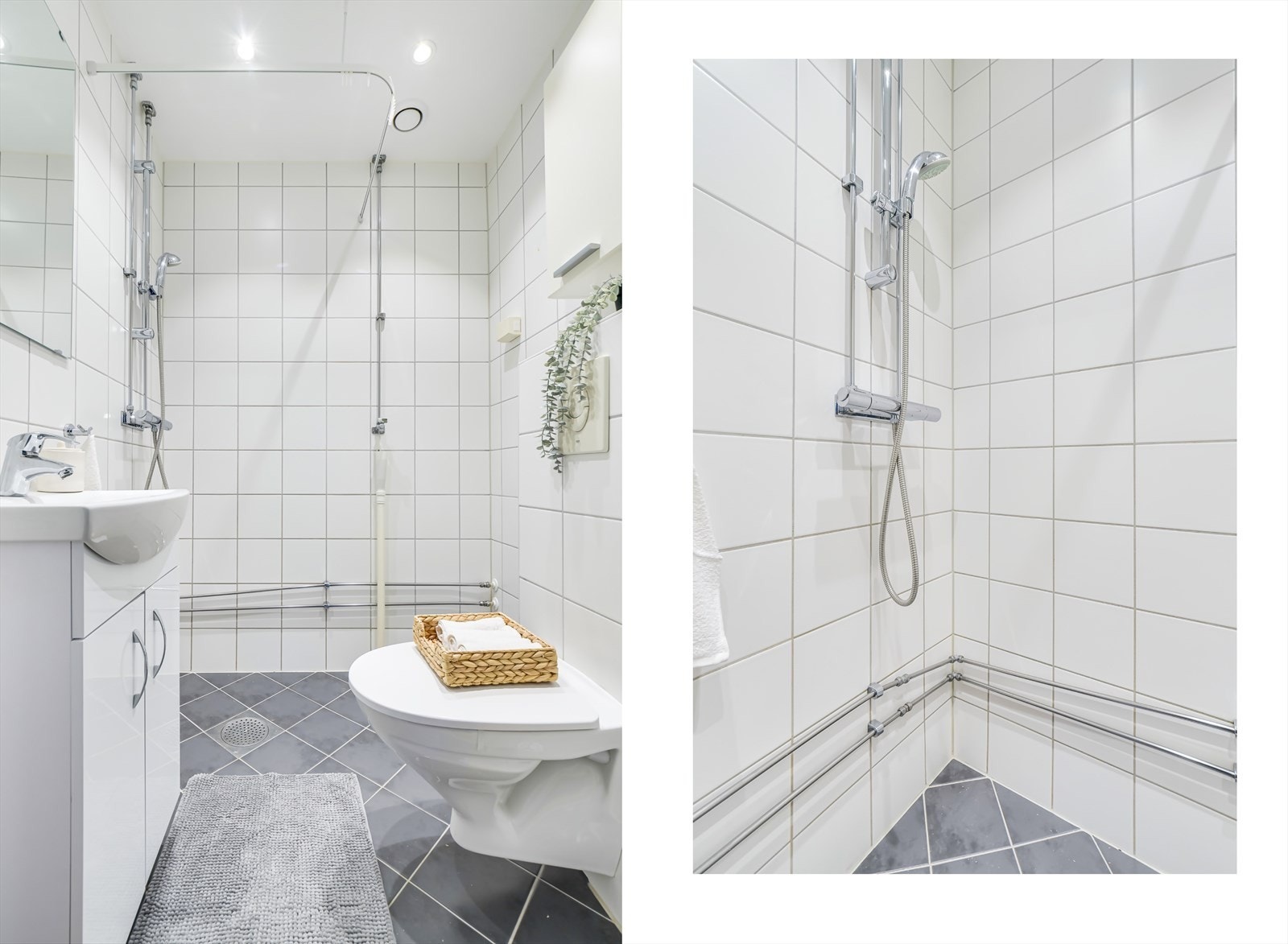 Baderomsinnredningen består av servant i skapseksjon, gulvmontert toalett og dusjnisje. Galleribilde