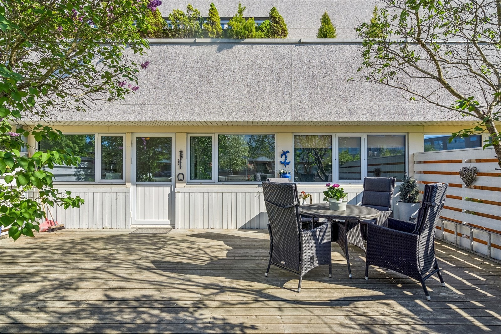 Skjermet terrasse hvor man kan nyte ettermiddags-/kveldssol. Nydelige syrintrær på begges sider av terrassen. Galleribilde