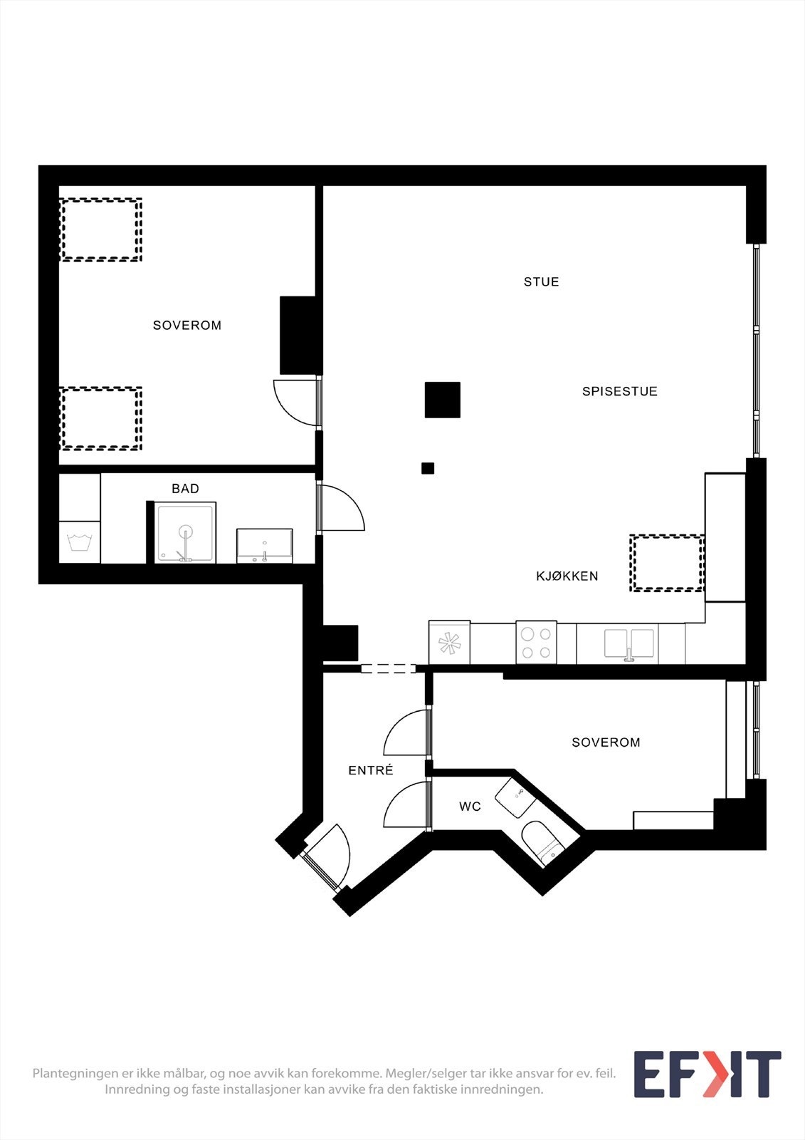 Plantegning. Opprinnelig 2-roms omgjort til en 3-roms. Det bemerkes at det er gjort endringer vedrørende planløsningen. Se punkt ferdigattest i salgsoppgaven. Galleribilde