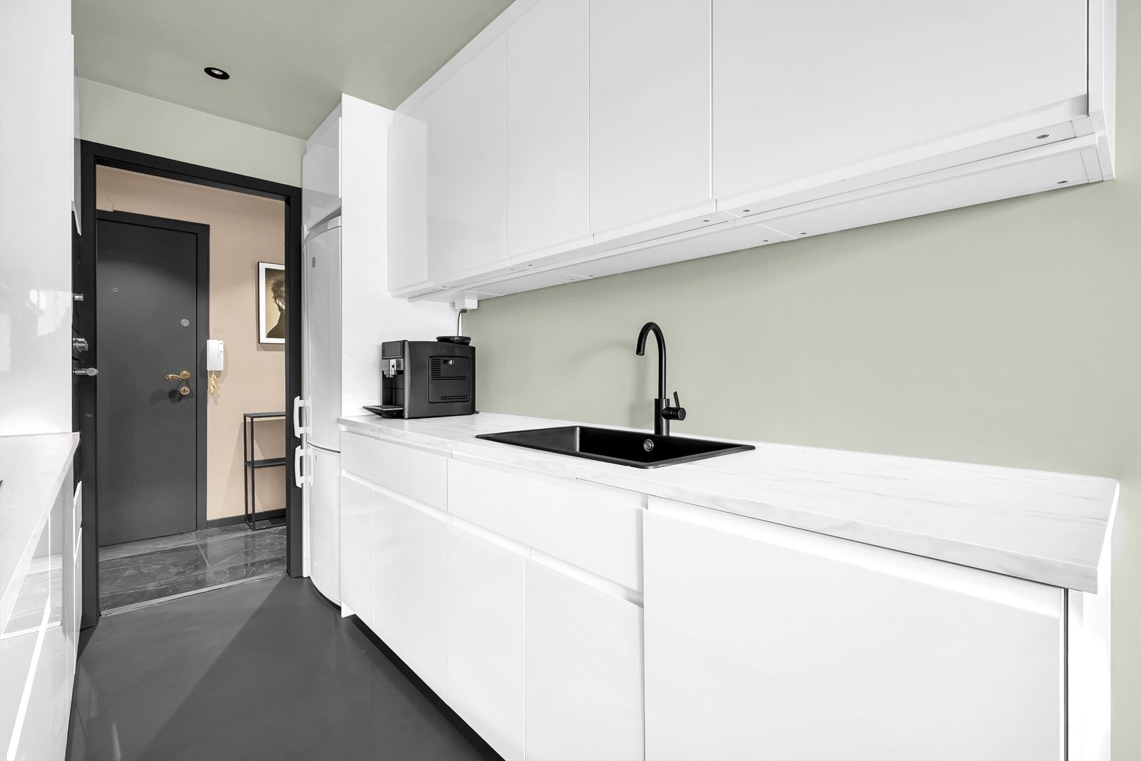 Videre er det integrert induksjonstopp, micro, stekeovn og oppvaskmaskin. Det er kullfilterventilator over kokeplass. Galleribilde