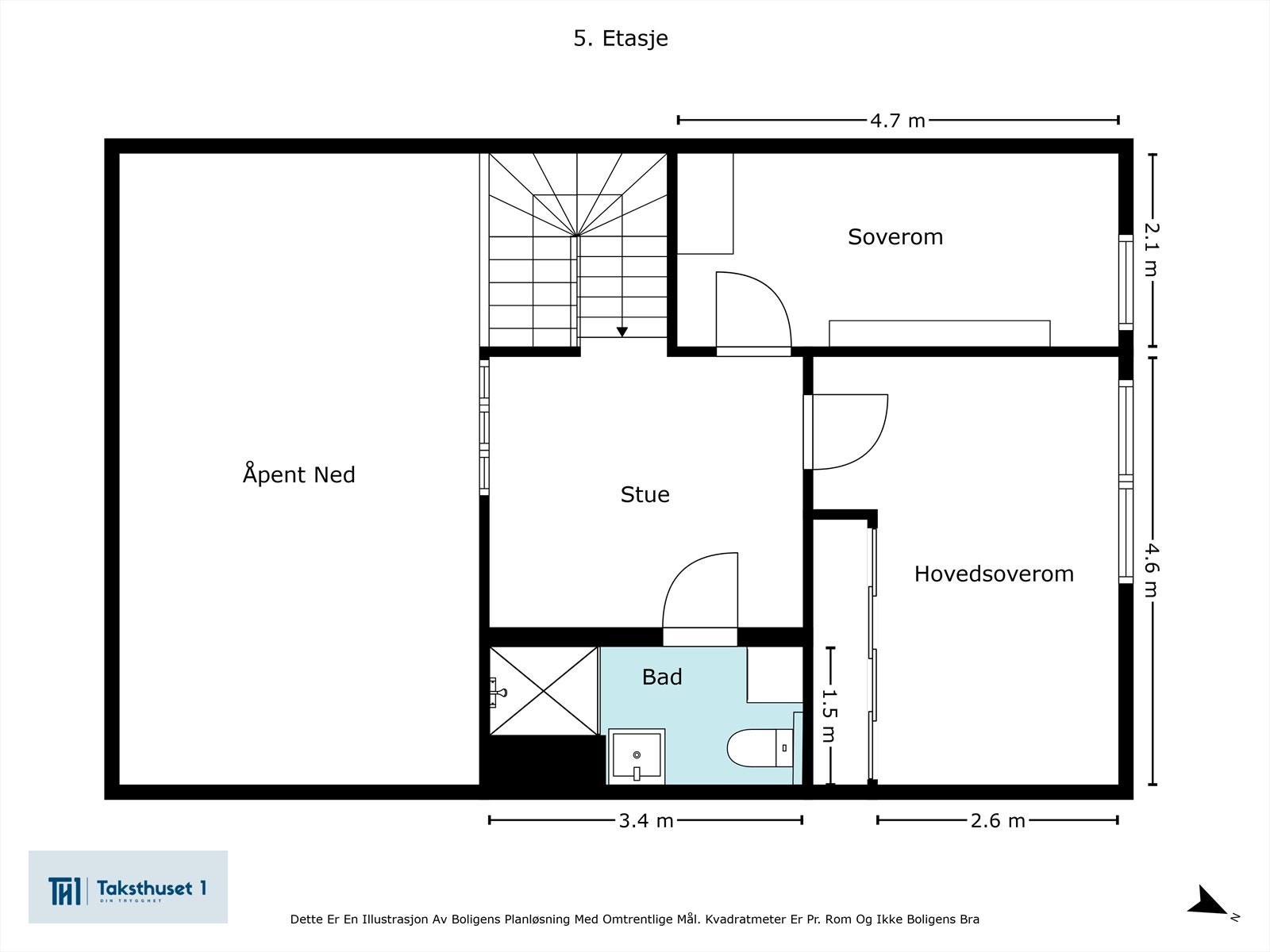 Plantegning - 2.etg: 42 m². Stue, 2 soverom, og bad Galleribilde