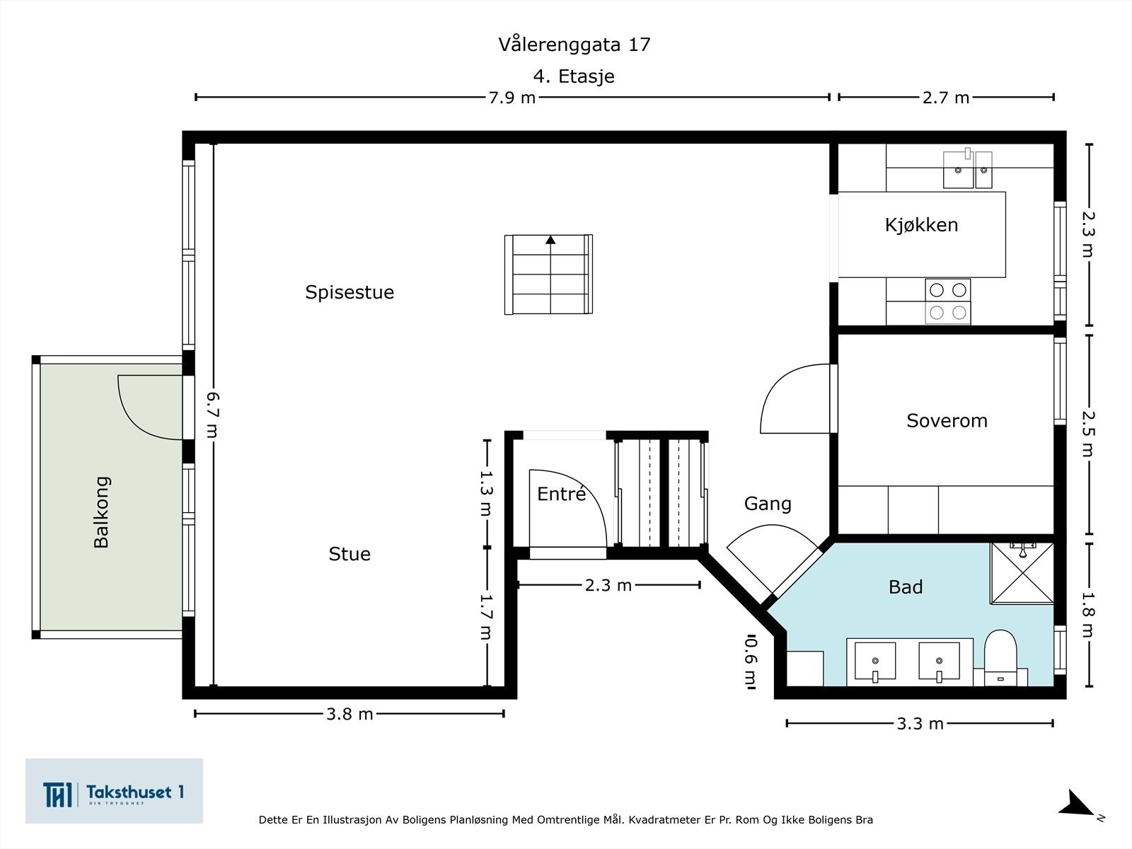 Plantegning - 1.etg: 66 m² Entré, stue, kjøkken, soverom og bad Galleribilde