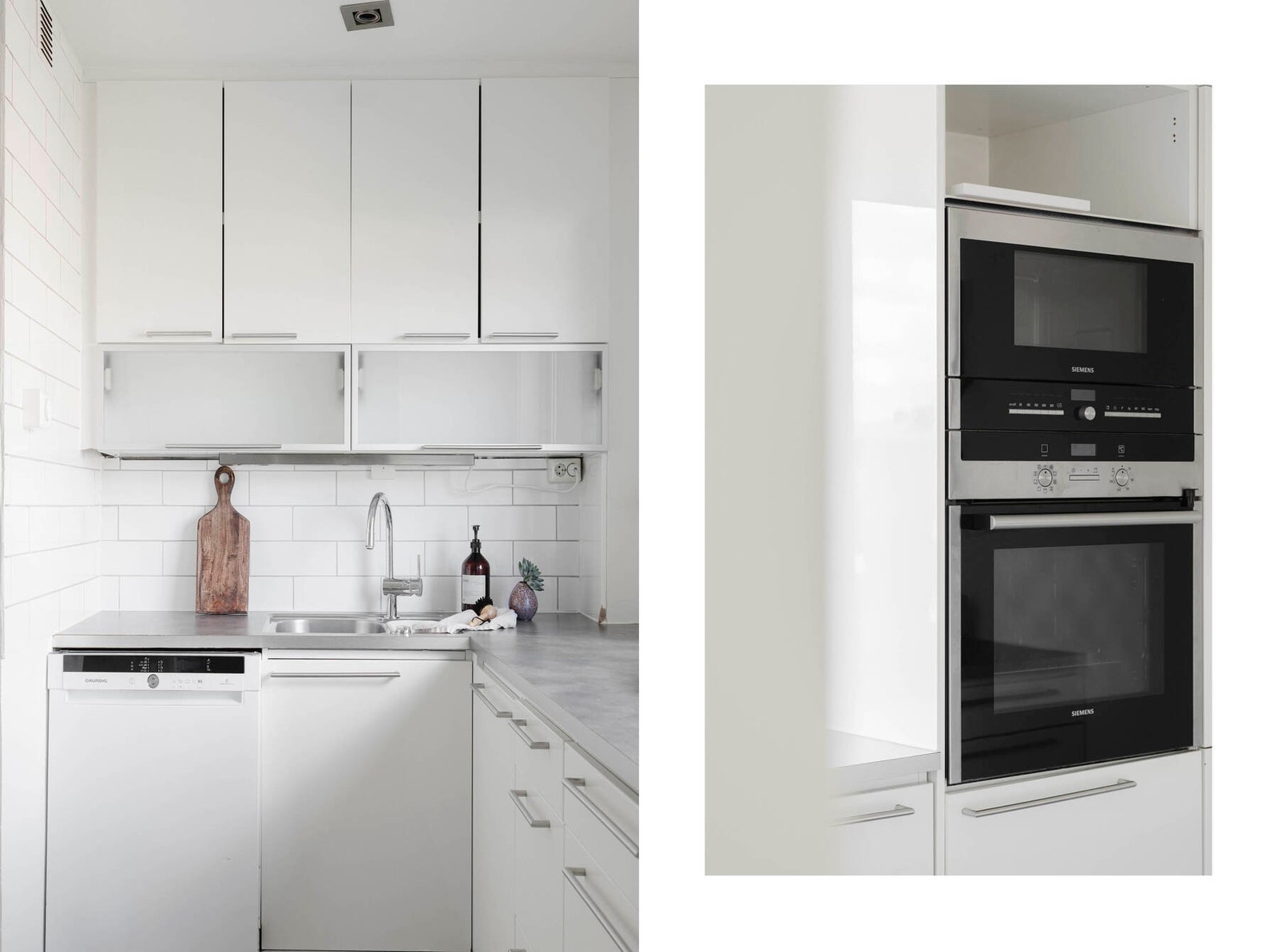 Det er hvite metrofliser over vaskebenken, og helt opp til taket langs siden av innredningen. Kjøkkenet har integrert induksjonstopp, stekeovn, mikrobølgeovn og kjøleskap. Galleribilde