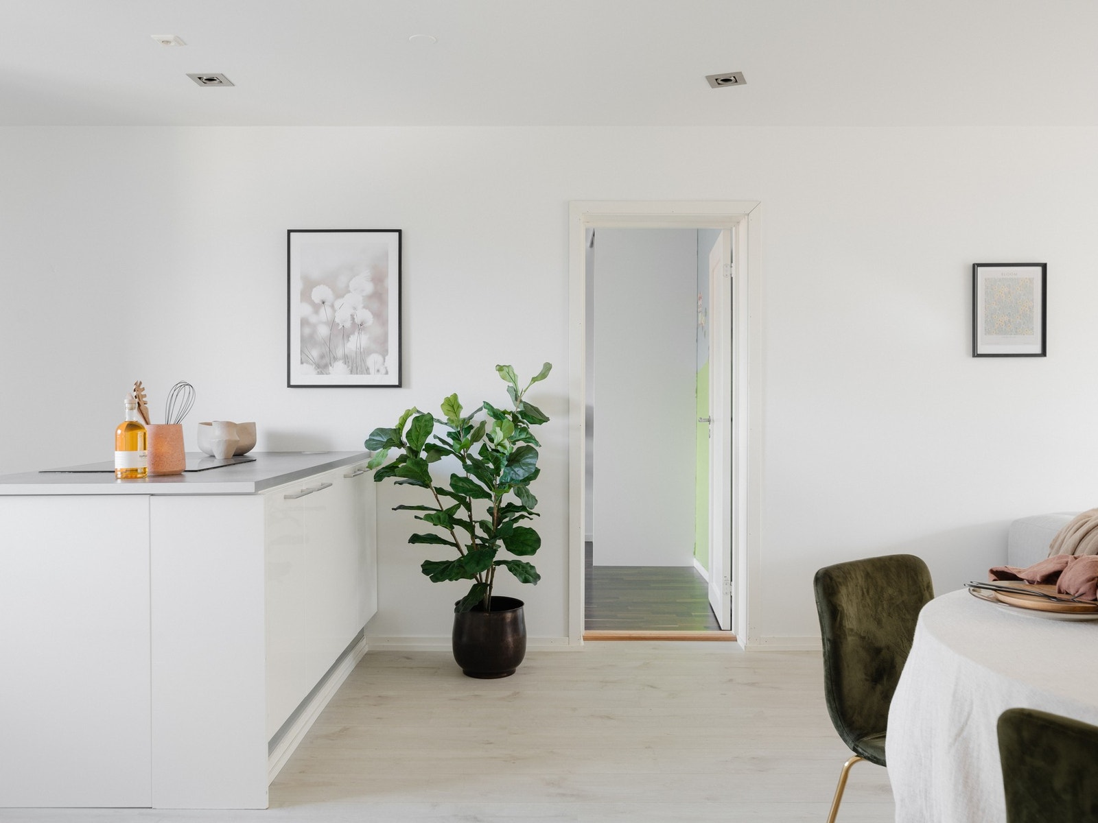 Skillet mellom kjøkken og stue, markeres av en kjøkkenhalvøy med skap på begge sider. Galleribilde