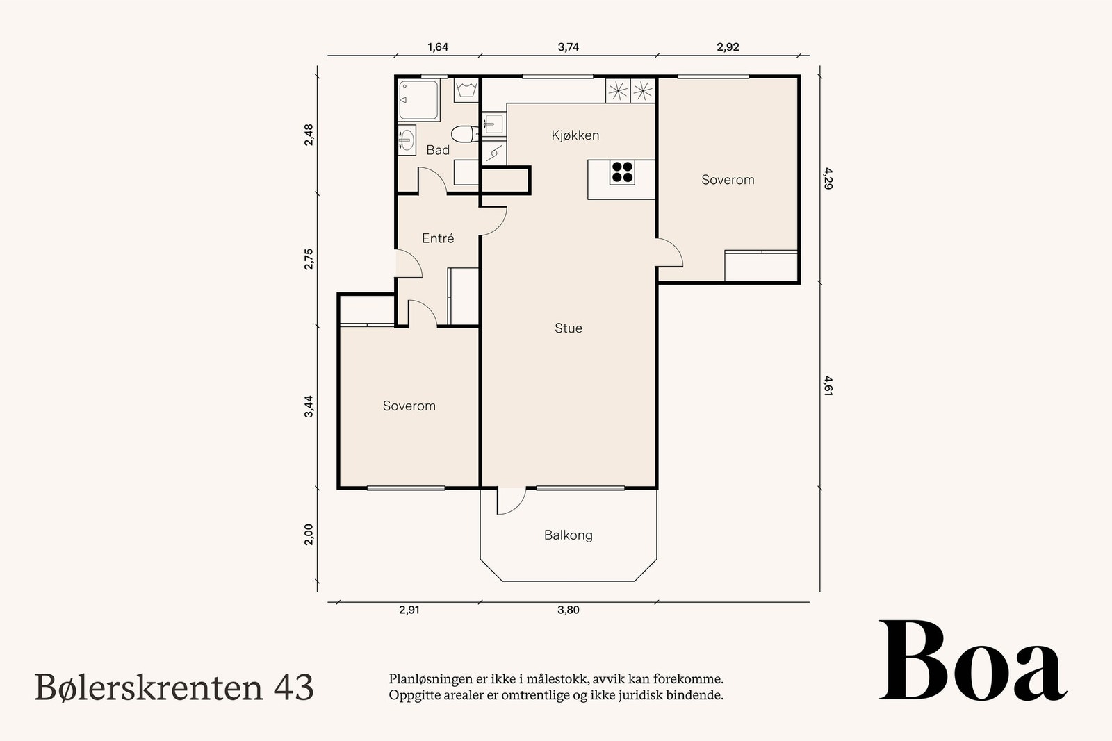 3. etg. Entré/gang, kjøkken, stue/spisestue, 2 soverom, dusjbad/wc
Leiligheten disponerer en kjellerbod på ca. 5 kvm og en liten bod i felles kjølerom. til sammen ca 7 kvm. Galleribilde
