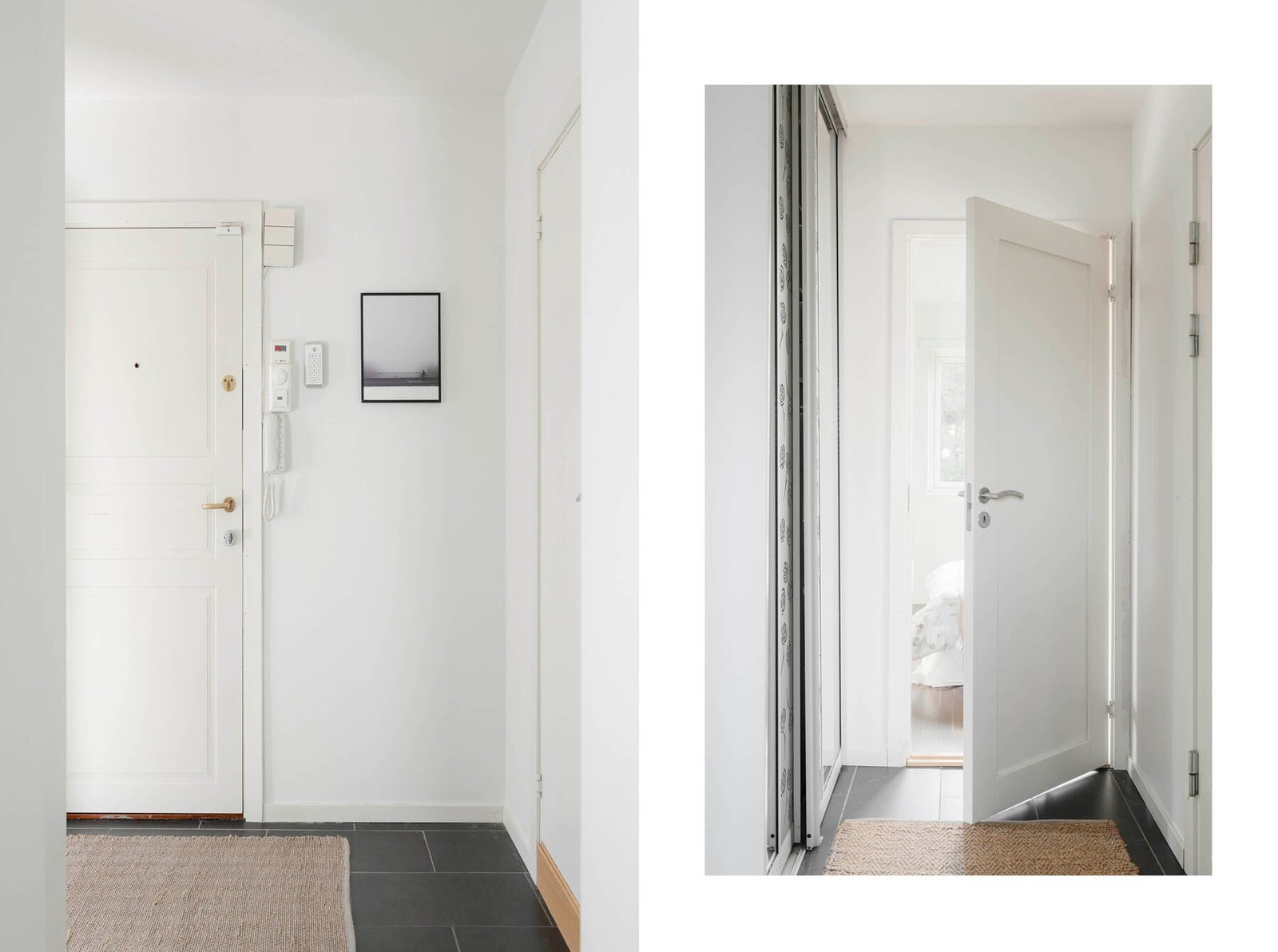 Entreen er innredet med skyvedørsgarderobe og har adkomst til hovedsoverommet. Entreen har mørke fliser på gulv med gulvvarme, lyse overflater, samt en dørtelefon ved ytterdøren. Galleribilde