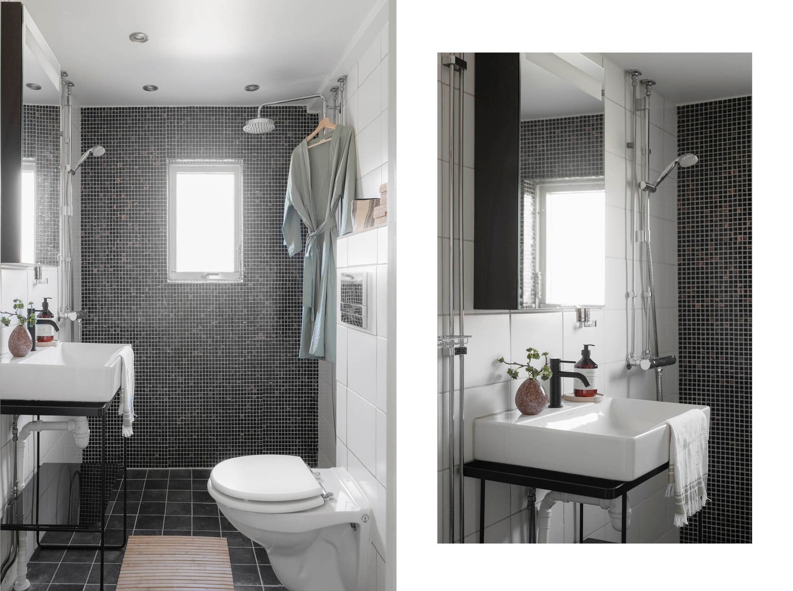 Badet er moderne i stilen, holdt i nøytrale farger og utstyrt med både regnfallsdusj og hånddusj. Galleribilde