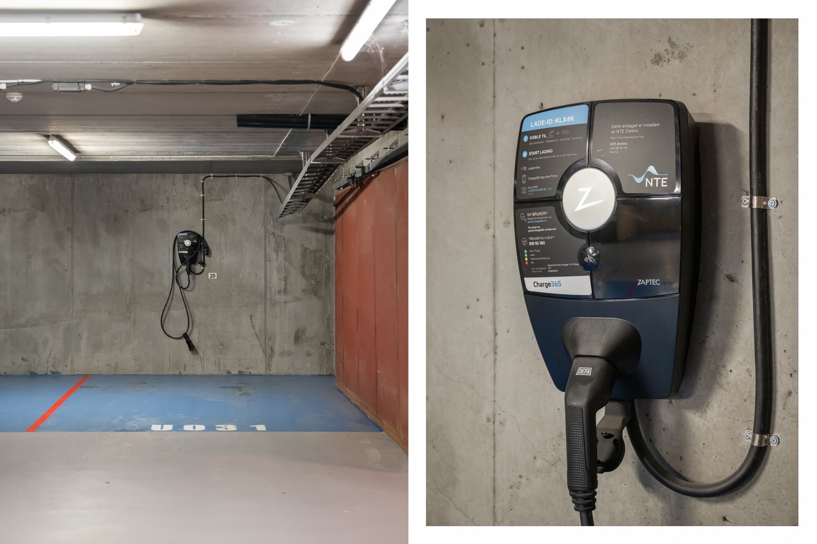 Fast plass i p-kjeller med lader for elbil. Galleribilde