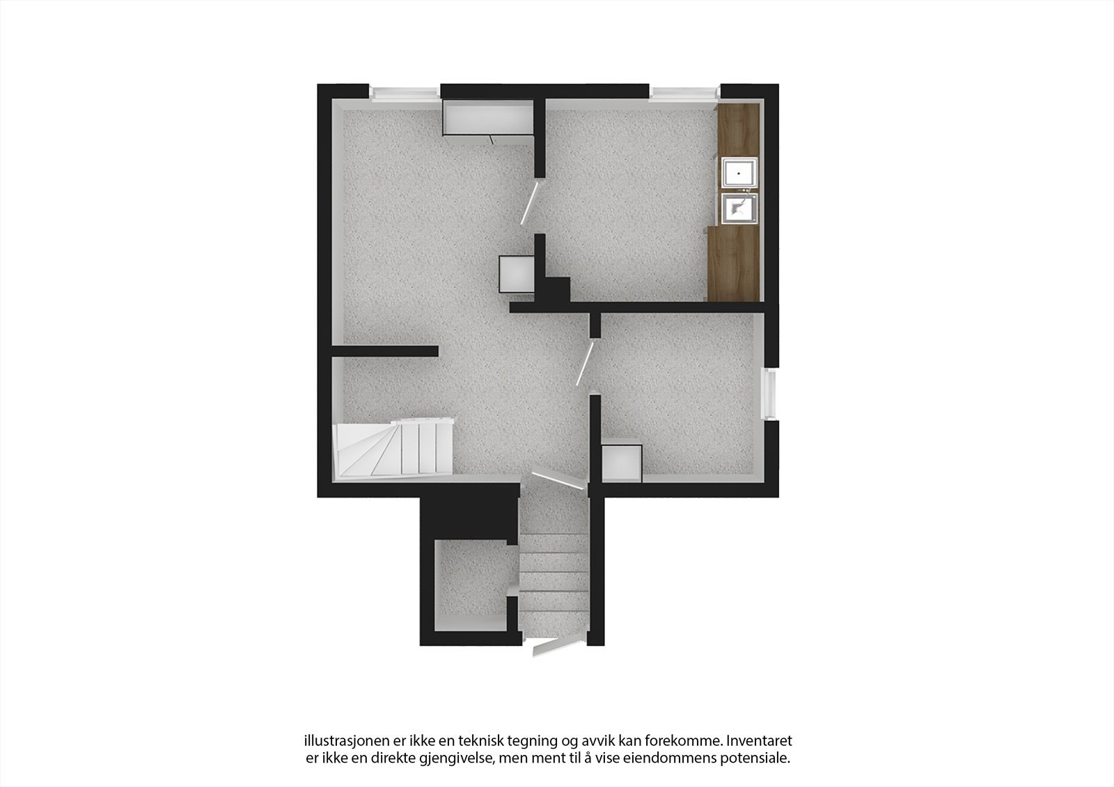 Plantegning Kjeller. Underetasje klassifiseres som ikke oppmålt areal, da takhøyden er for lav etter dagens standarder. Takhøyde 172 cm i kjeller. Galleribilde