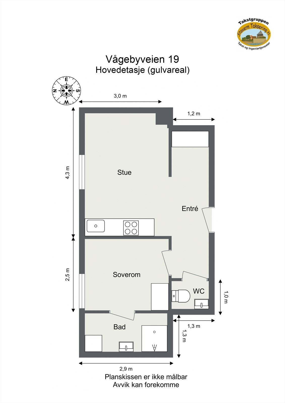 Effektiv planløsning med ett soverom, bad og separat WC. Galleribilde