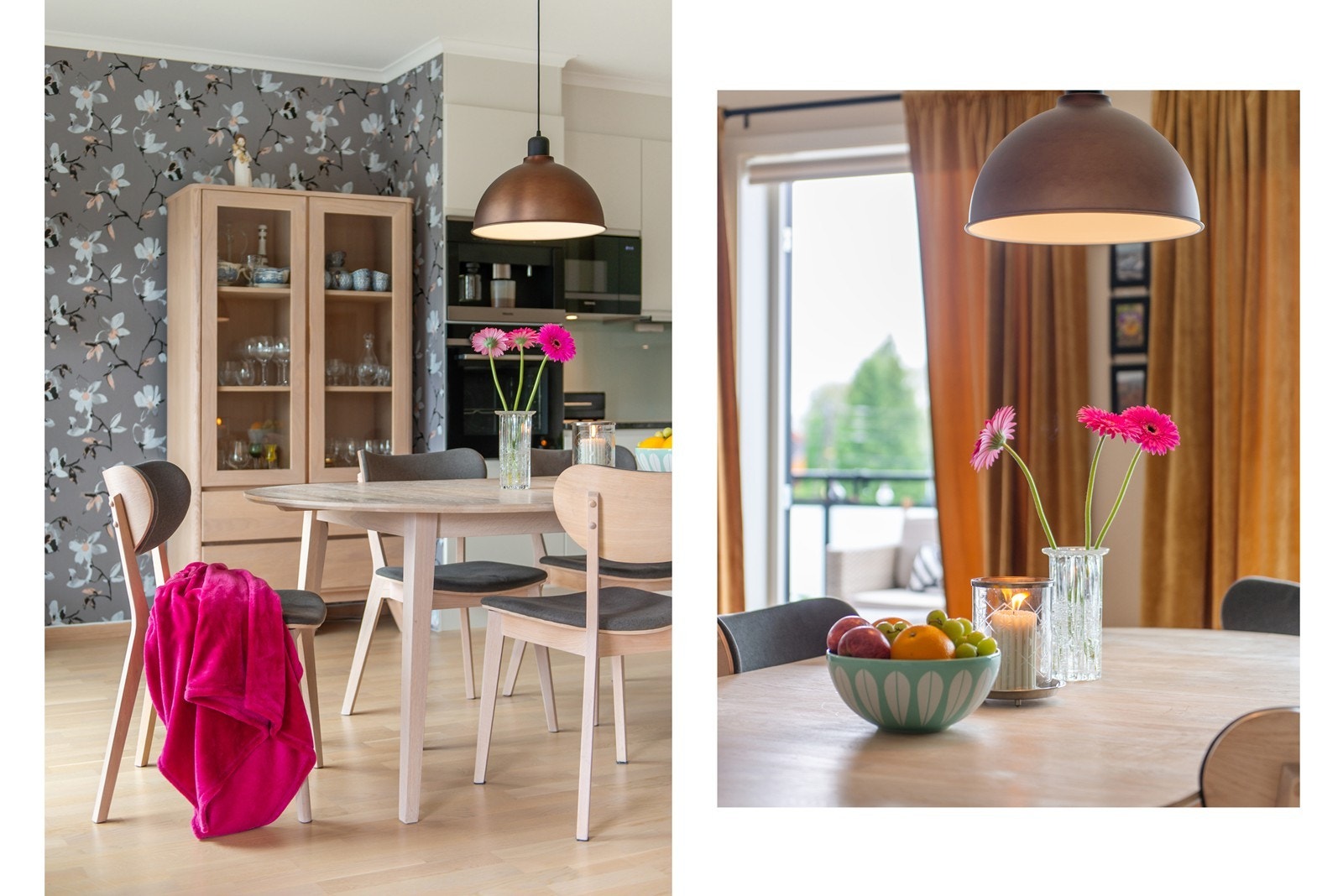 Det er nydelige fargevalg i hele boligen, her har du et tapet-valg som er spenstig, men meget delikat Galleribilde