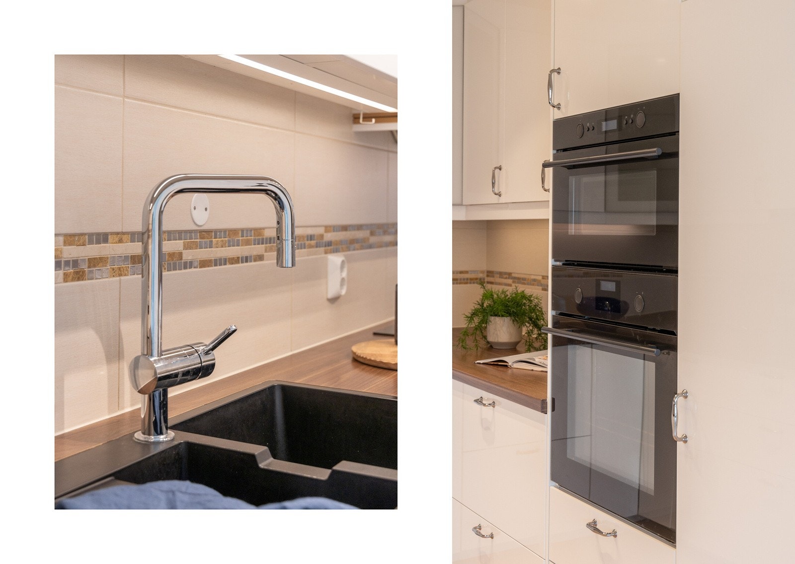 Det er integrerte hvitevarer, frittstående kjøleskap og fryseskap, vegghengt ventilator og montert lekkasjestopper. Galleribilde