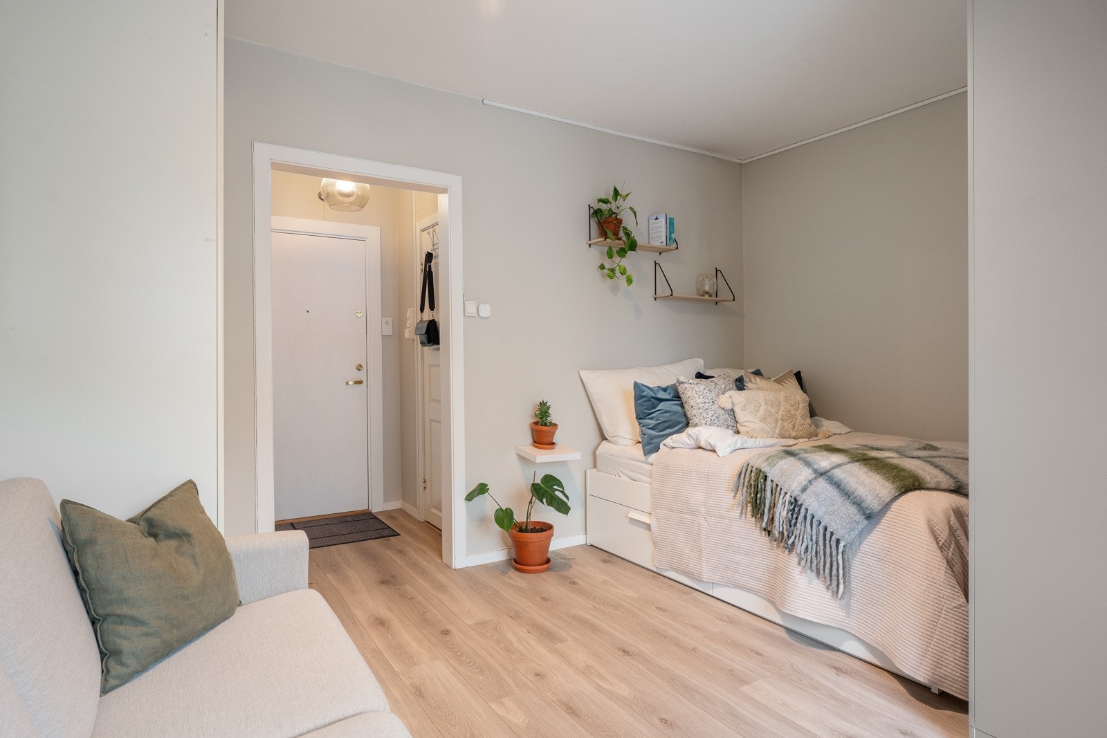 Pen laminat på gulv og lyse farger på overflater. Galleribilde