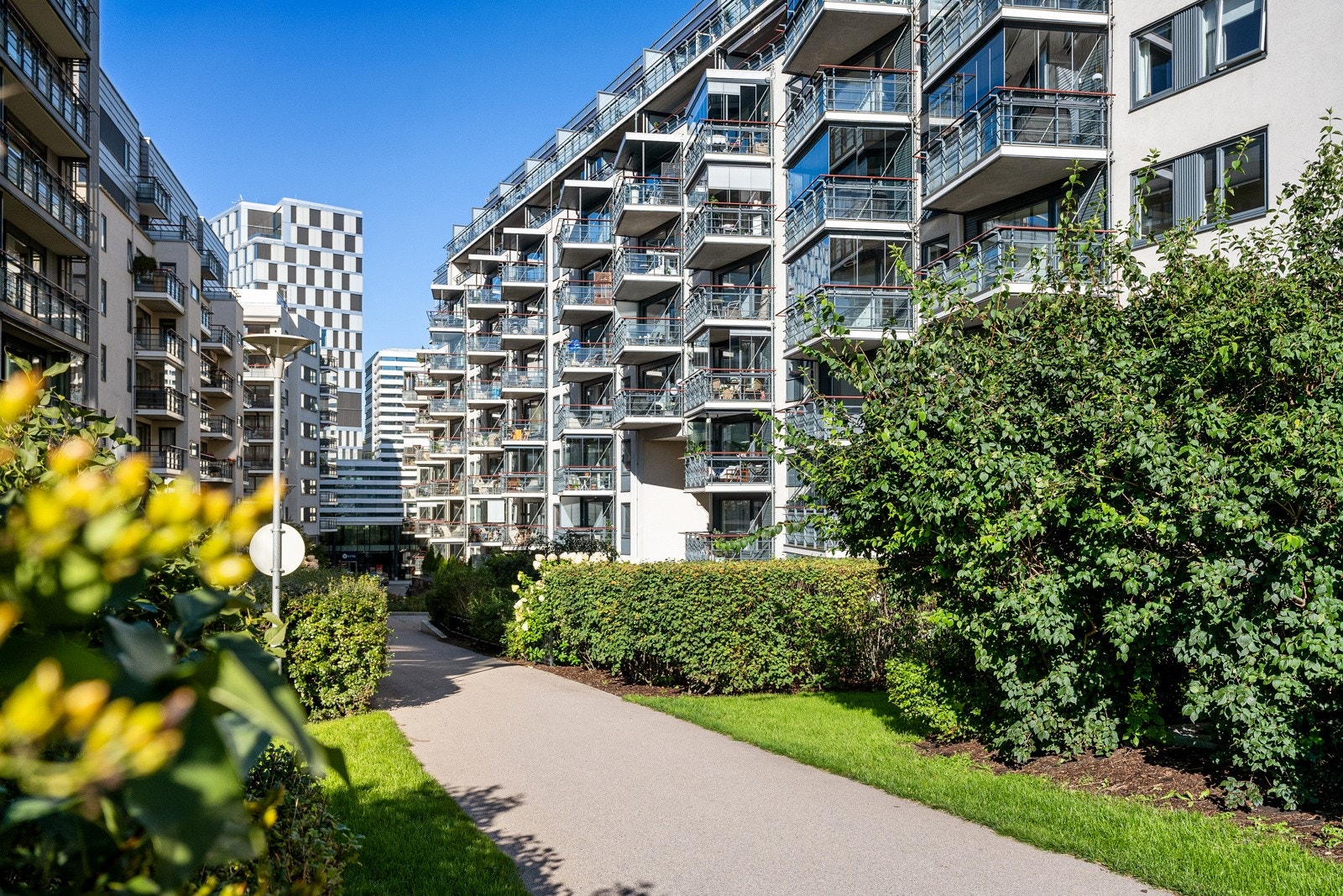 Sameiet har en nydelig felles tomt med plen, interne stier og diverse beplantning. Galleribilde