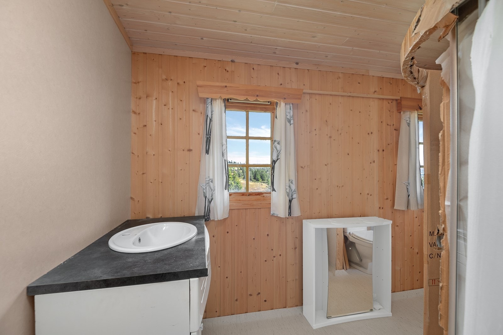 Enkelt baderom med servant. Det er ikke innlagt vann og avløp i hytta. Galleribilde