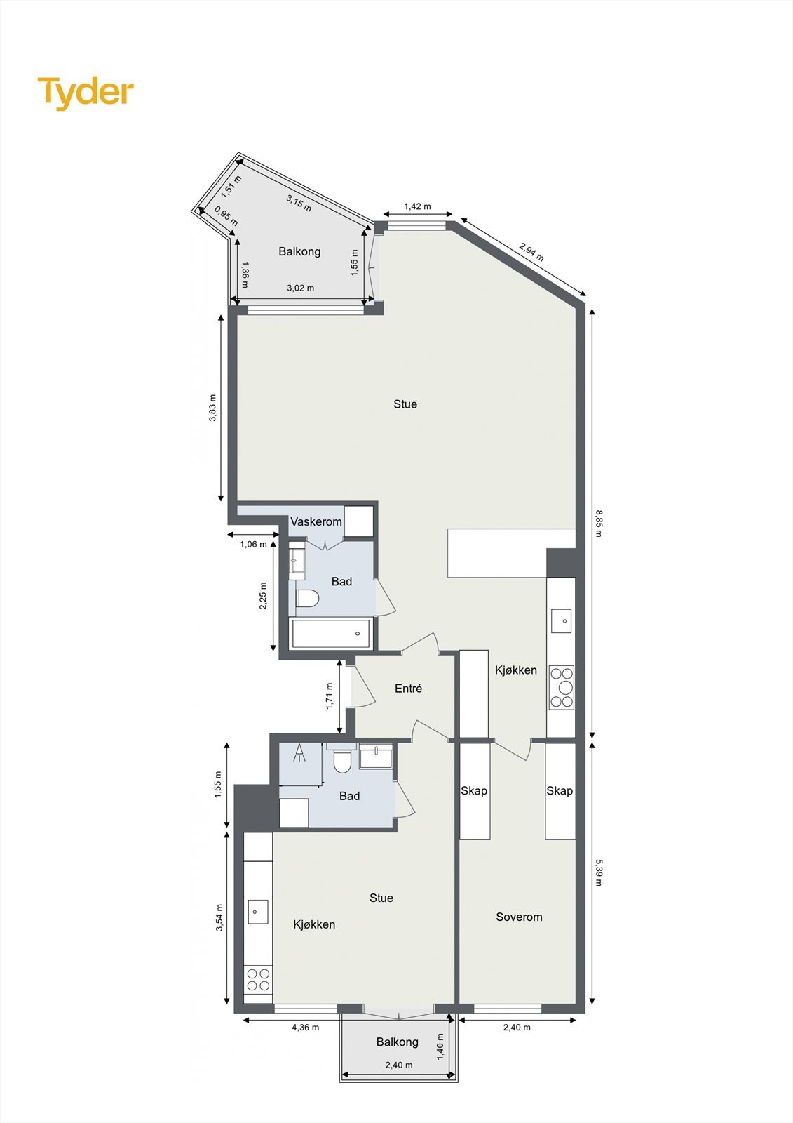 God planløsning med romslig 2-roms + 1-roms hybeldel - Dobbel lydvegg mellom hoveddel og hybeldel/suite Galleribilde
