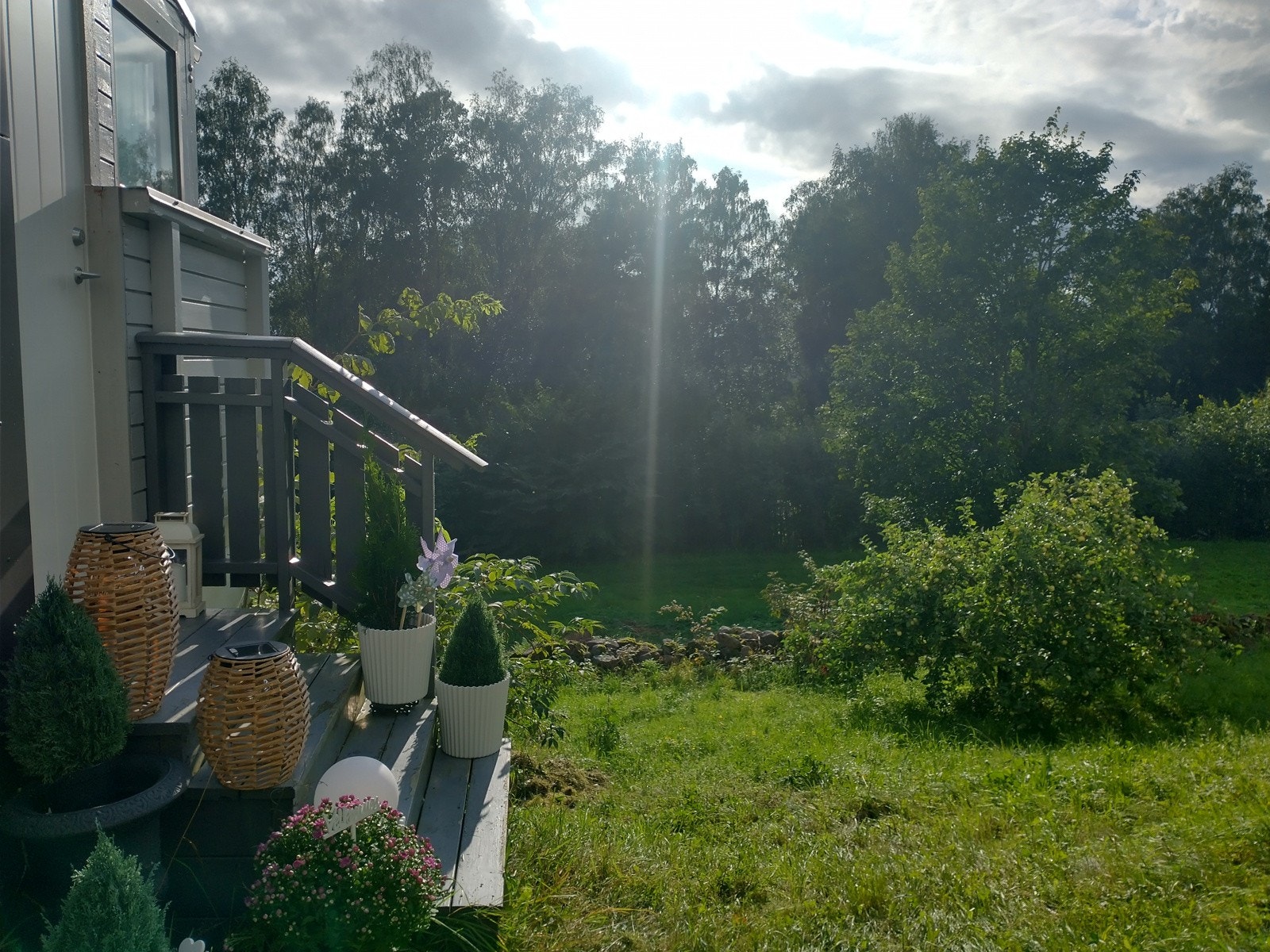 Bilde fra utgang fra balkong, ut i parkaktig fellesområde og turvei like nedenfor. Galleribilde