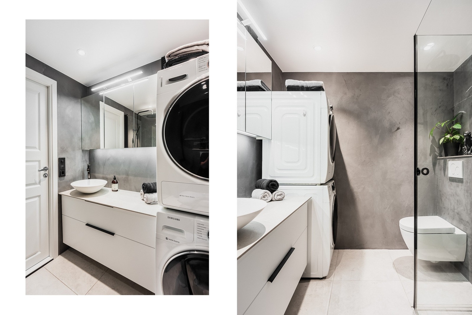 To bad, meget kjærkomment for familien. Det ene badet ble etablert i 2022 med moderne finish og stilrent uttrykk. Det nye badet har regnfallsdusj, vegghengt toalett og opplegg for vaskemaskin. Galleribilde