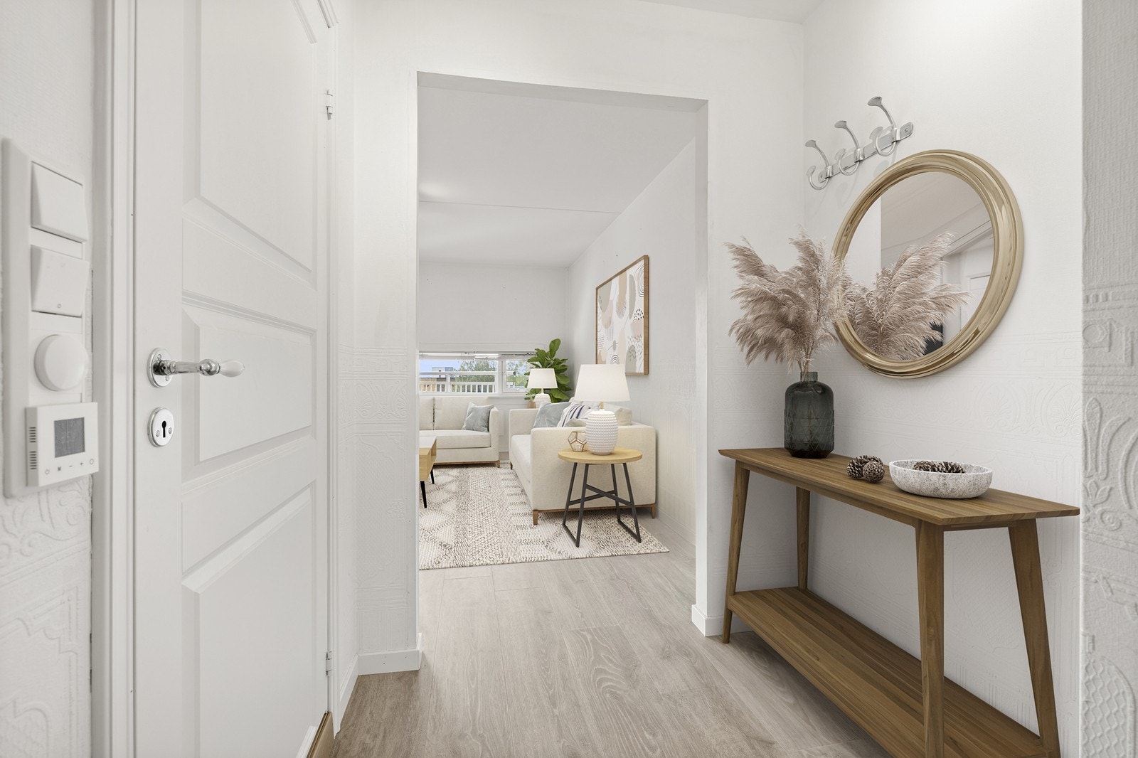 Lys entré med mulighet for å henge fra seg jakker og sette fra seg sko (Illustrasjonsbilde av hvordan det kan møblers) Galleribilde