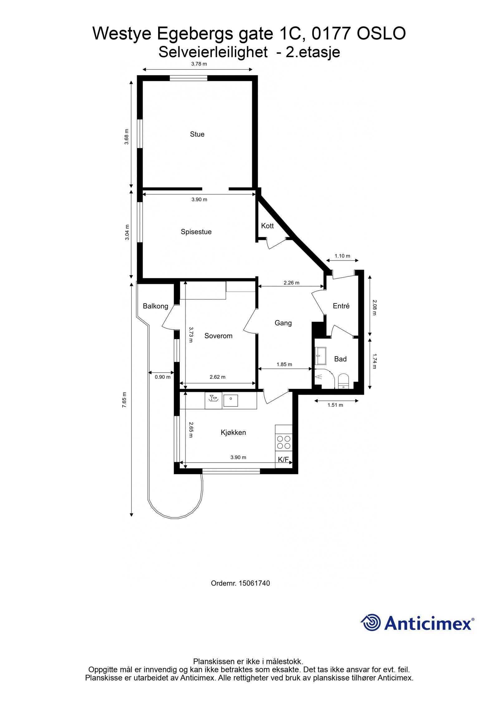 Plantegning. I tillegg disponerer leiligheten en kjellerbod på ca. 3m² og et bodskap beliggende på loftet. Galleribilde