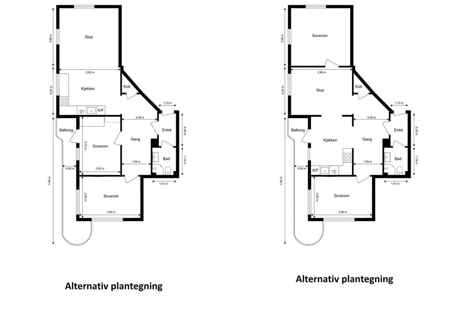 Forslag til alternativ romløsning for deg som ønsker et ekstra soverom, dette er en løsninger som flere av naboene på tilsvarende leiligheter har valgt. Galleribilde