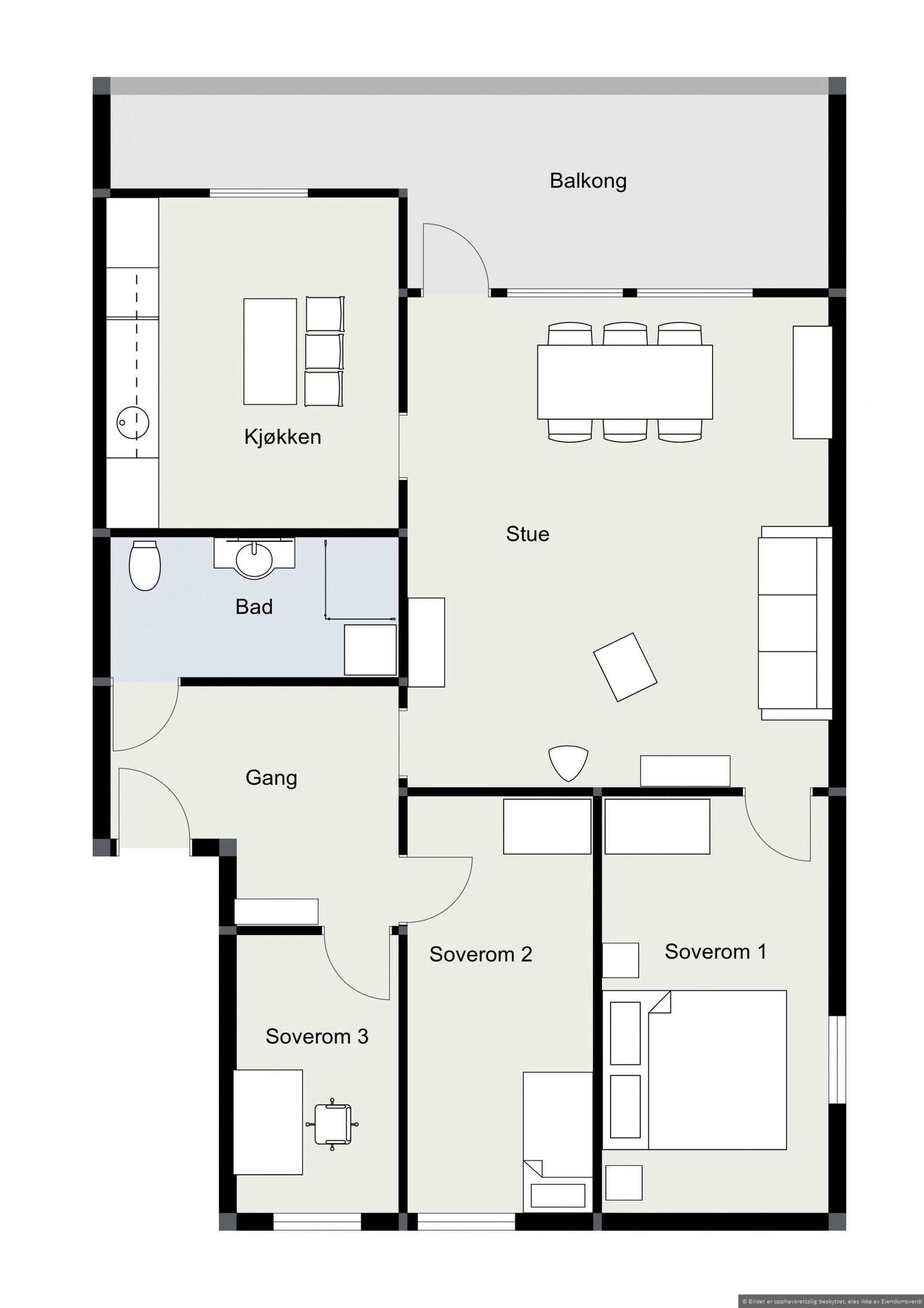Plantegning over fireroms leiligheten. Tre soverom, stor gang, nytt bad, nytt kjøkken og stor lys stue. Galleribilde