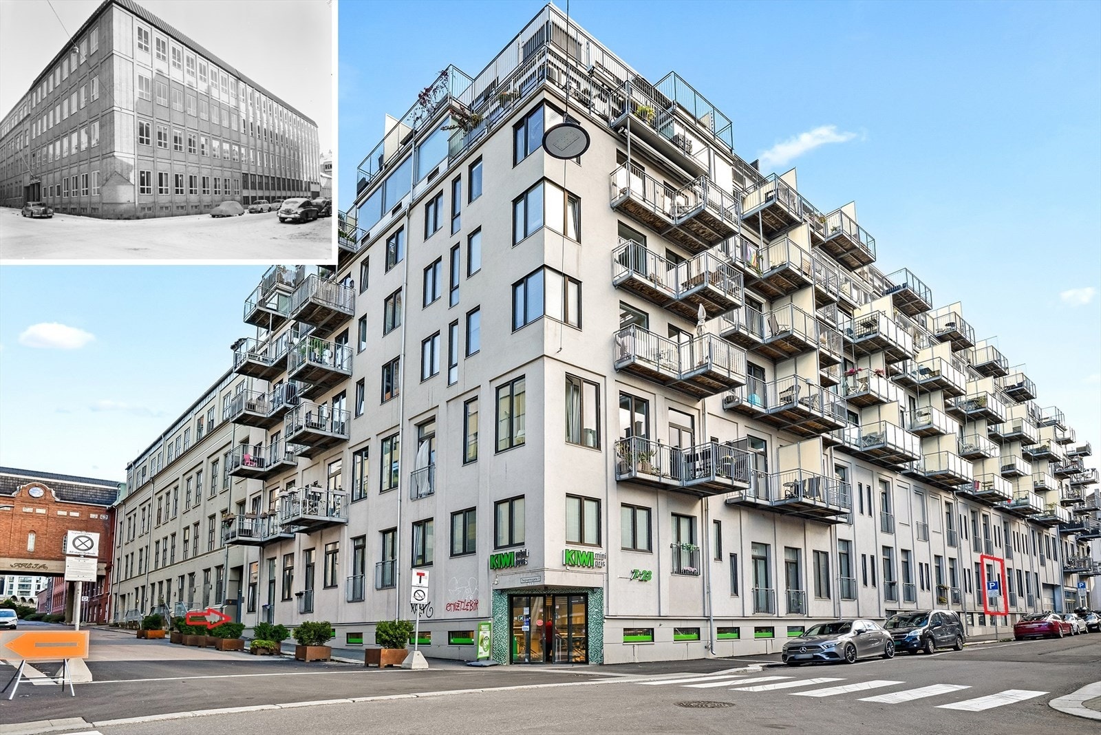 Kiwi dagligvare ligger i samme bygg. Leiligheten vender mot Karlstadgata (rød ramme til høyre) og har inngang fra Teglverksgata (rød pil). Innfelt: Oslo bånd- og lissefabrikk anno 1962. Galleribilde