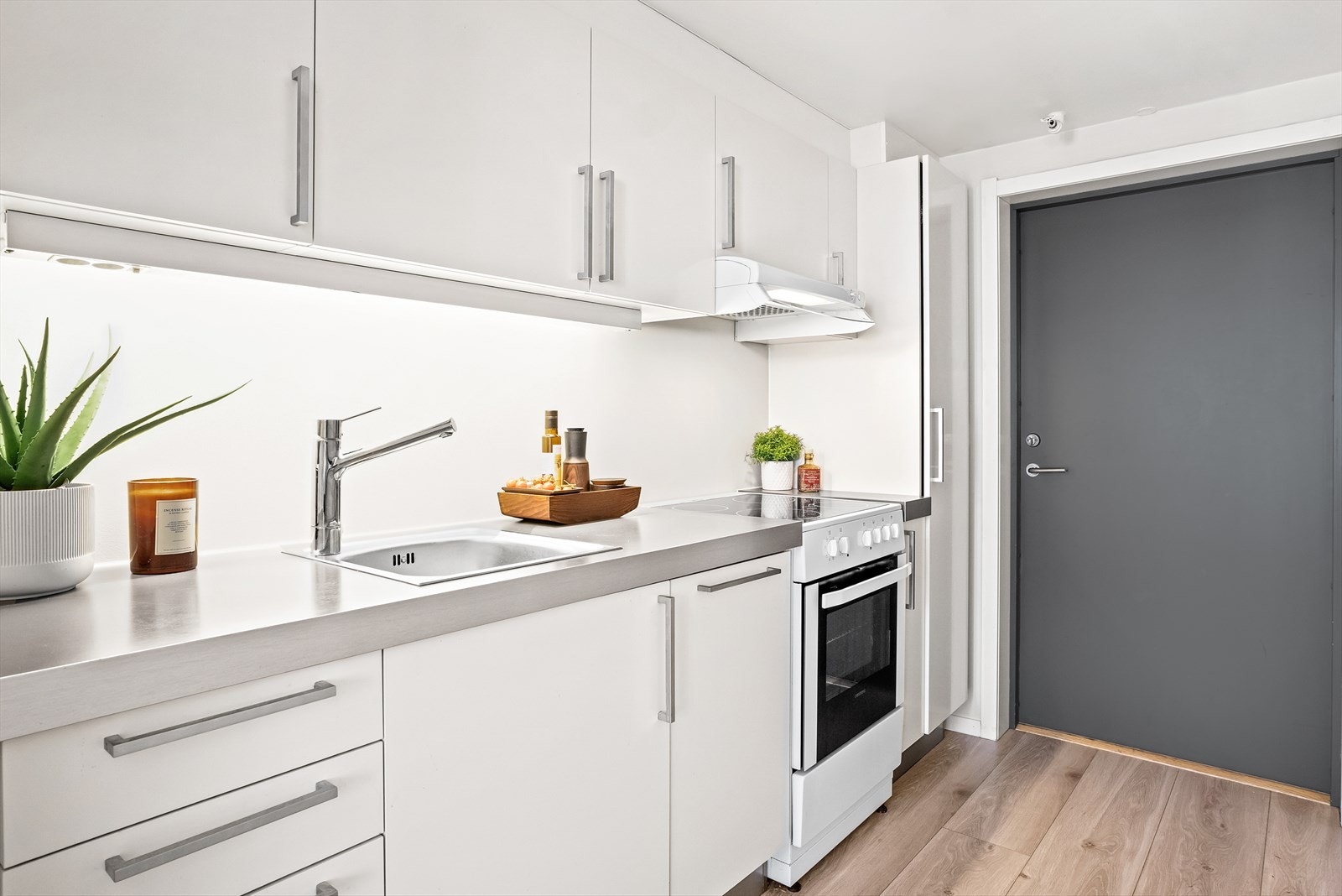 Garderobeskap nærmest døren og plass til skoskap og knaggrekke til høyre utenfor bildet. Galleribilde