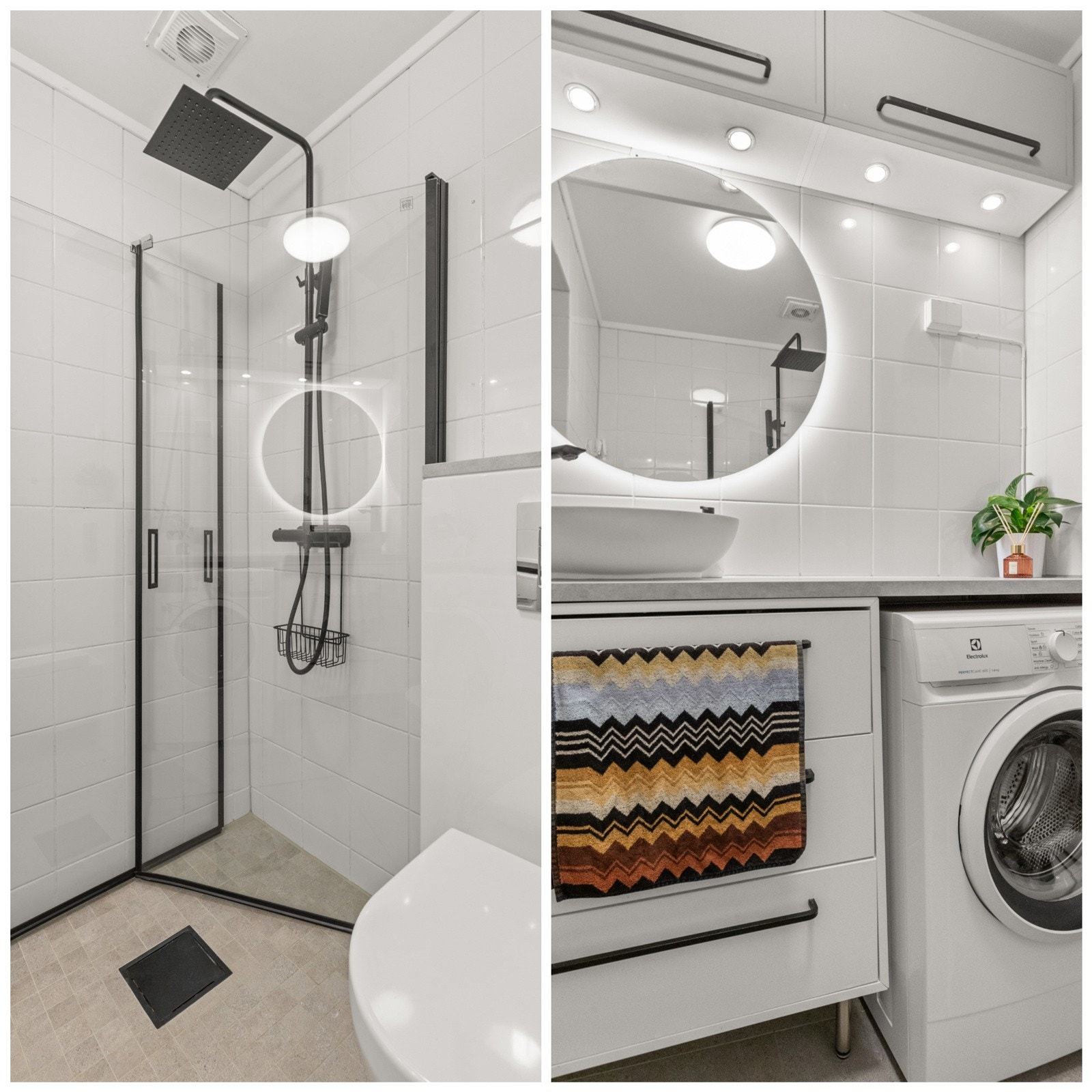 Badet er utstyrt med dusj med innfellbare glassvegger, regnfallsdusj, servantseksjon med skuffer og steinvask, overskap, speil med lys, vegghengt wc og opplegg til vaskemaskin/tørketrommel. Galleribilde