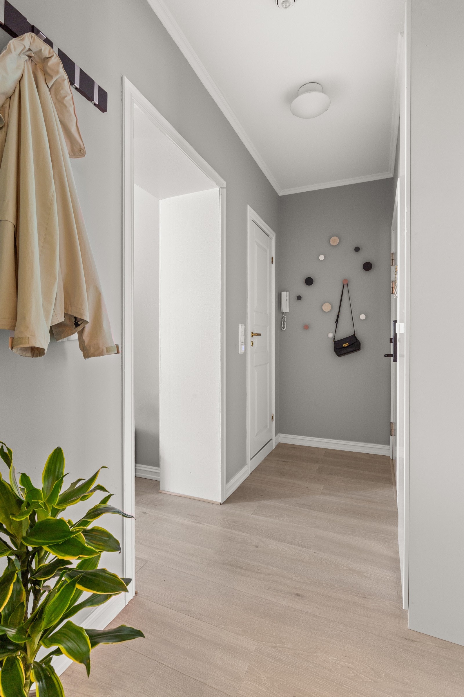 Innbydende entré med plass til knaggrekker og skohyller for oppbevaring. Galleribilde