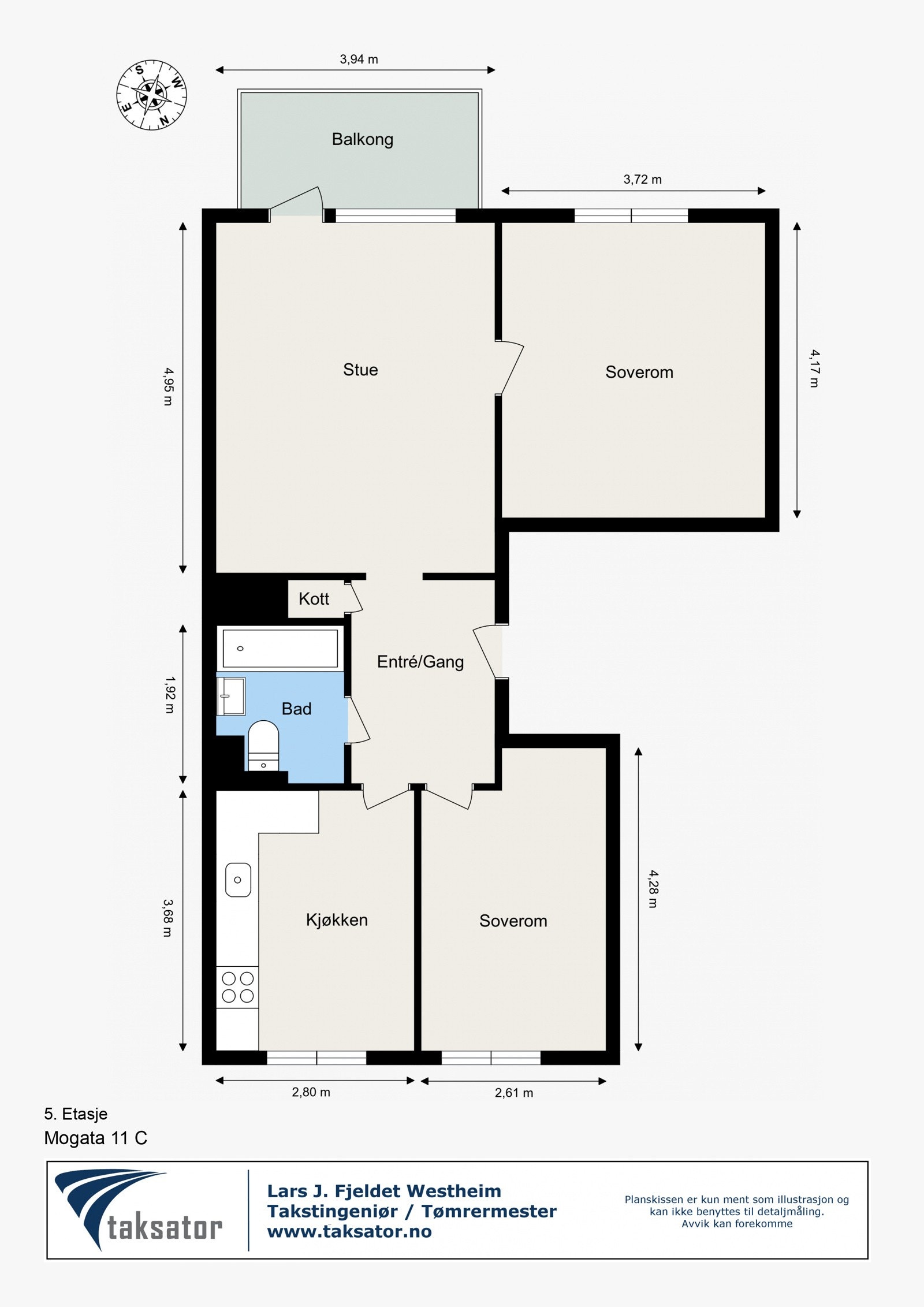 Plantegning. I tillegg disponerer leiligheten to boder, en kjellerbod på ca. 4m² og en loftsbod på ca. 8m². Galleribilde