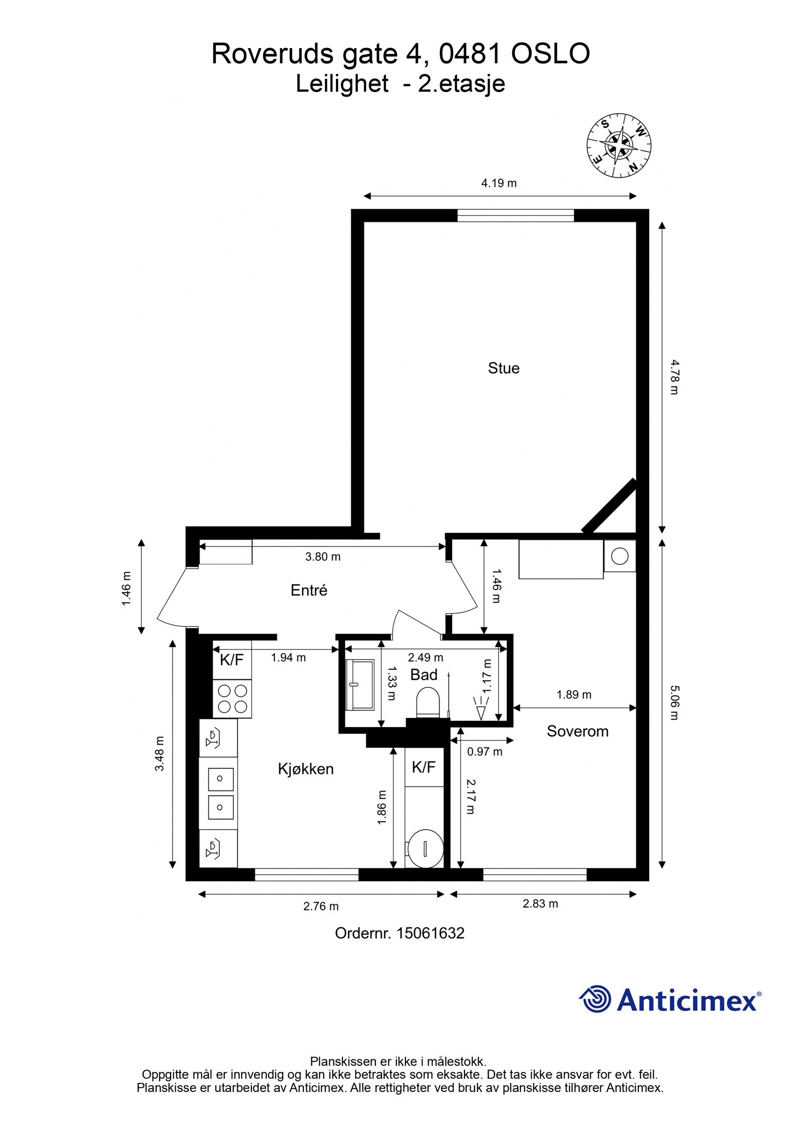 Plantegning. I tillegg disponerer leiligheten en kjellerbod på ca. 11m², samt en loftsbod med gulvareal på ca. 8m². Galleribilde