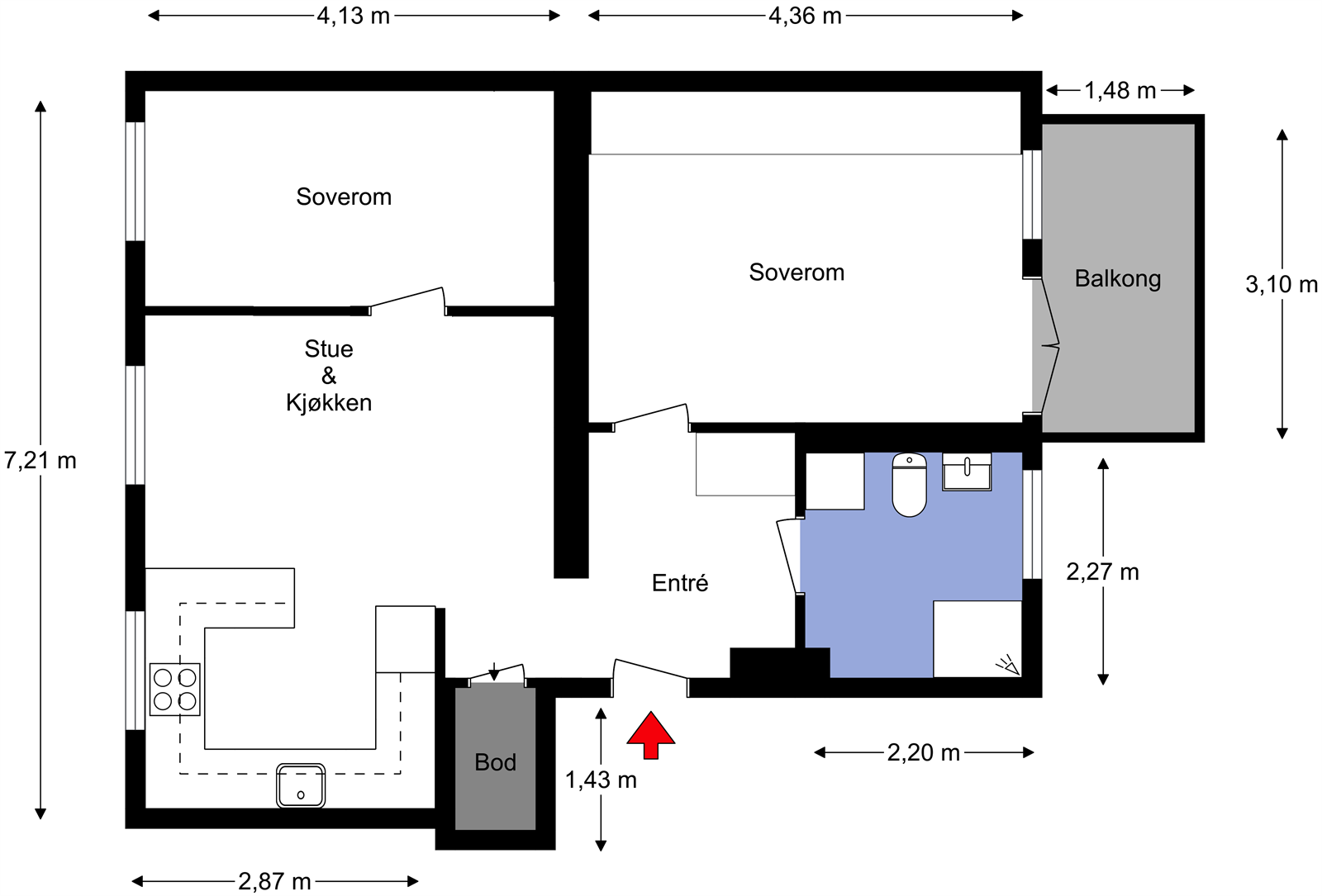 Alternativ planløsning hvor man kan sette opp lettvegg i stuen slik at man får et separat rom med vindu. Forbehold om eventuelle godkjenninger fra plan og bygningsetaten for å kunne definere rommet som soverom. Galleribilde