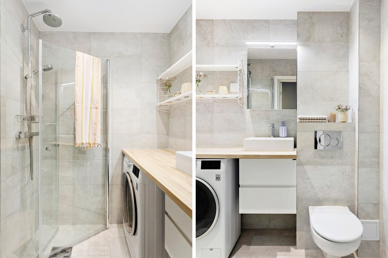 Heltre benkeplate som strekker seg over vaskemaskinen. Galleribilde