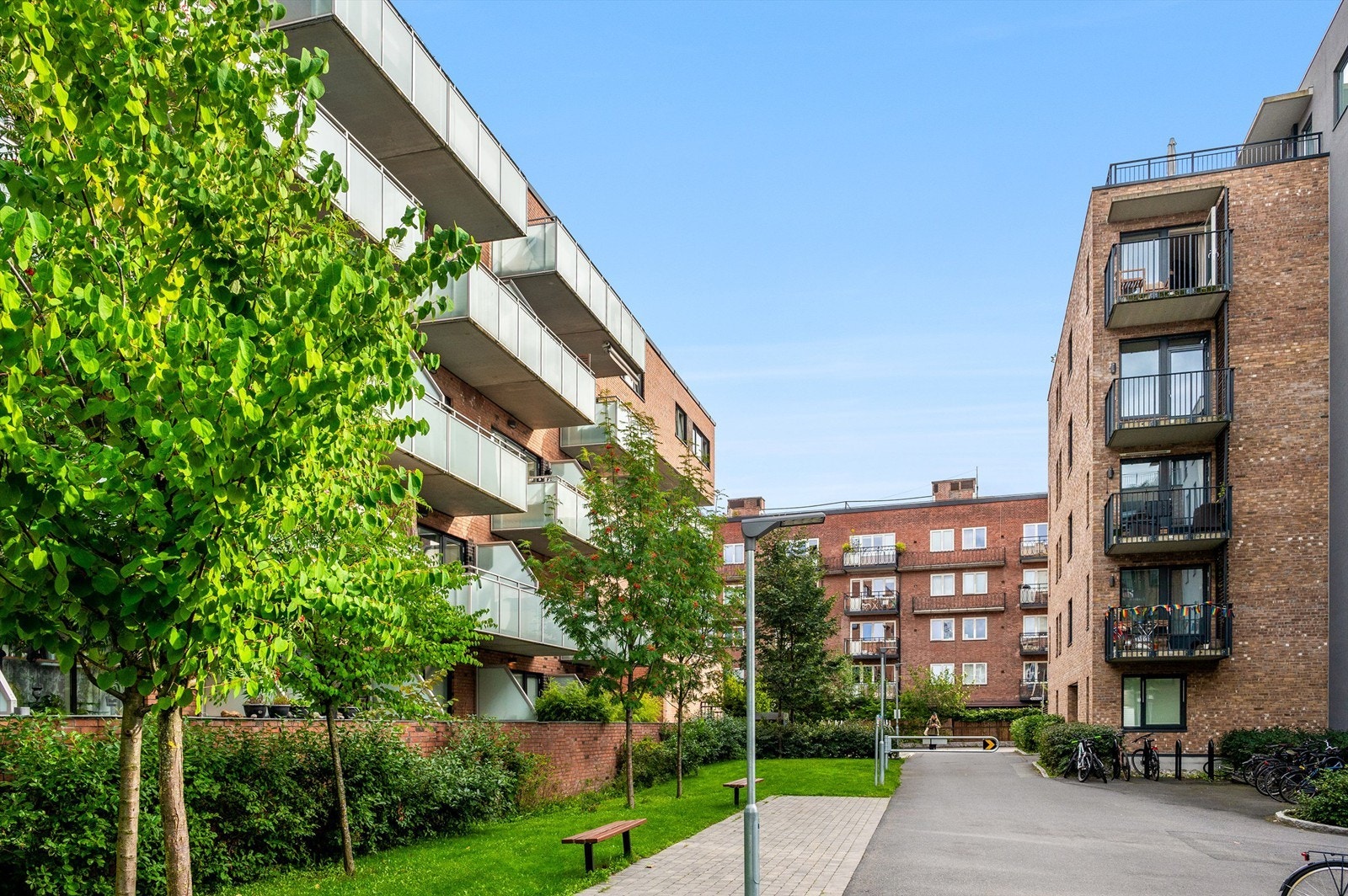 Pent opparbeidet bakgård med gressplen, beplantninger, benker, sykkelparkering og asfalterte veier. Galleribilde