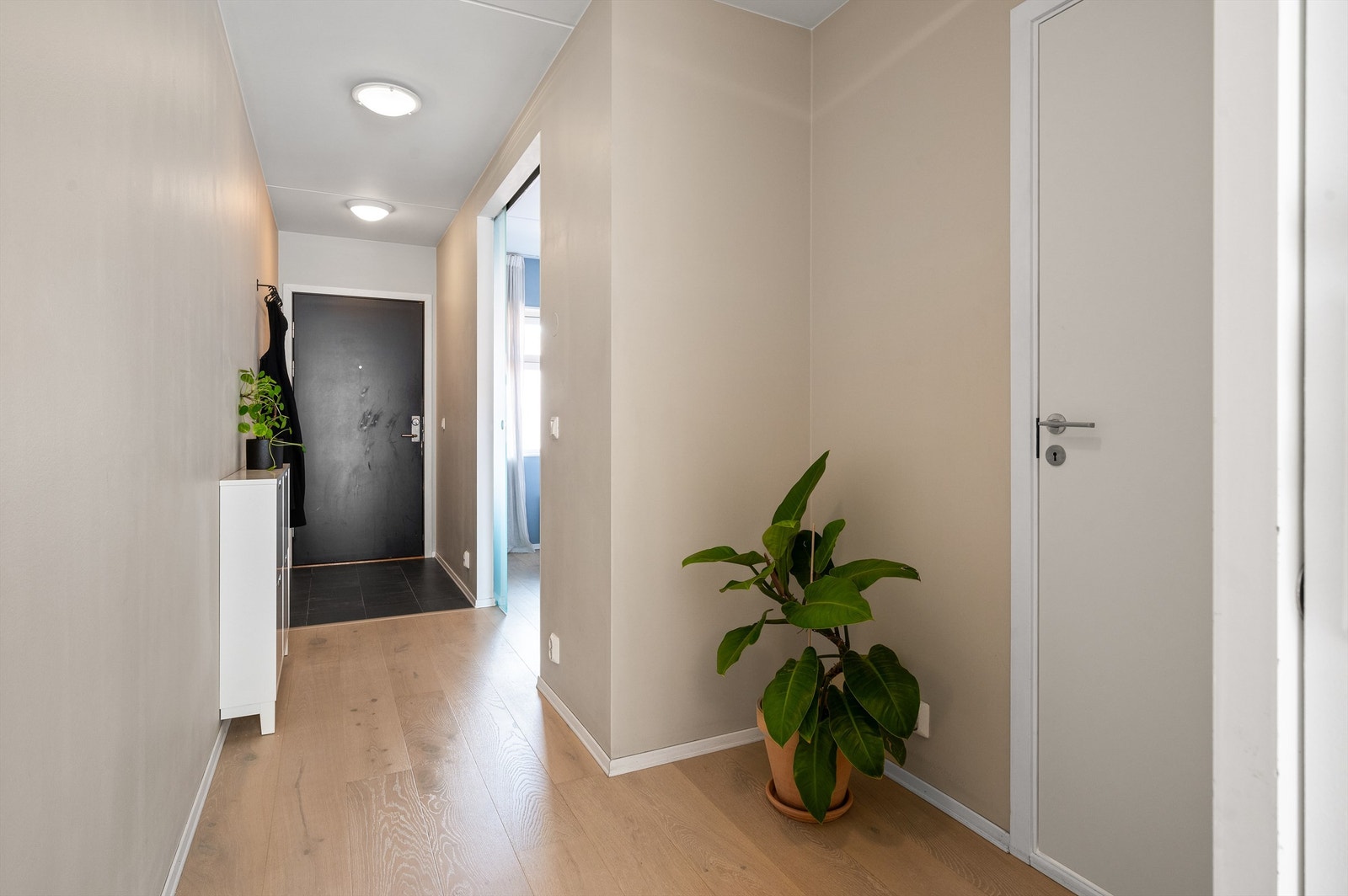 God plass til å henge fra seg yttertøy og sette fra seg sko. Plass for oppbevaringsmøbel som sørger for ytterligere oppbevaringsmuligheter. Galleribilde