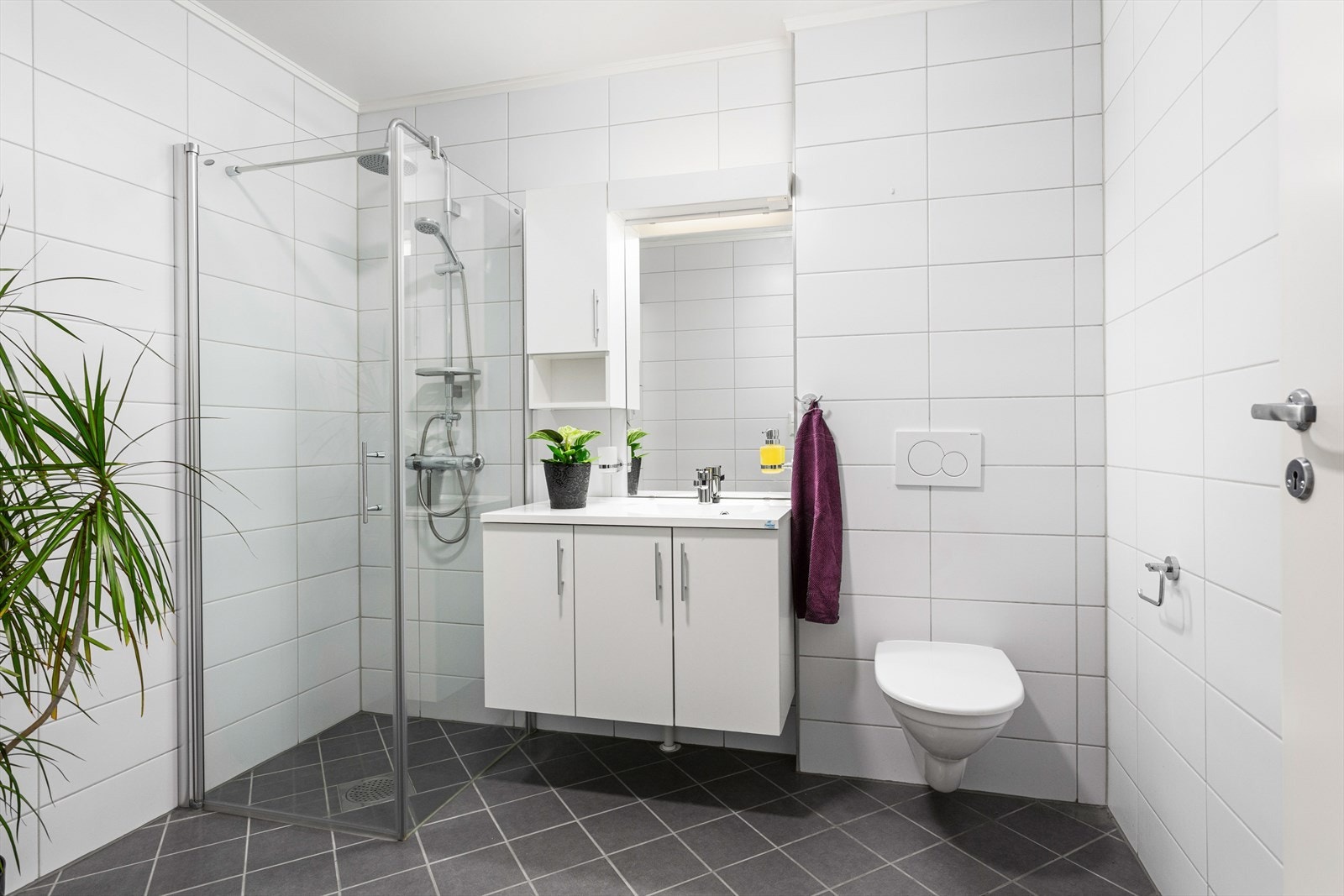 Rommet består av servant med innredning, dusjkabinett og vegghengt klosett. Galleribilde