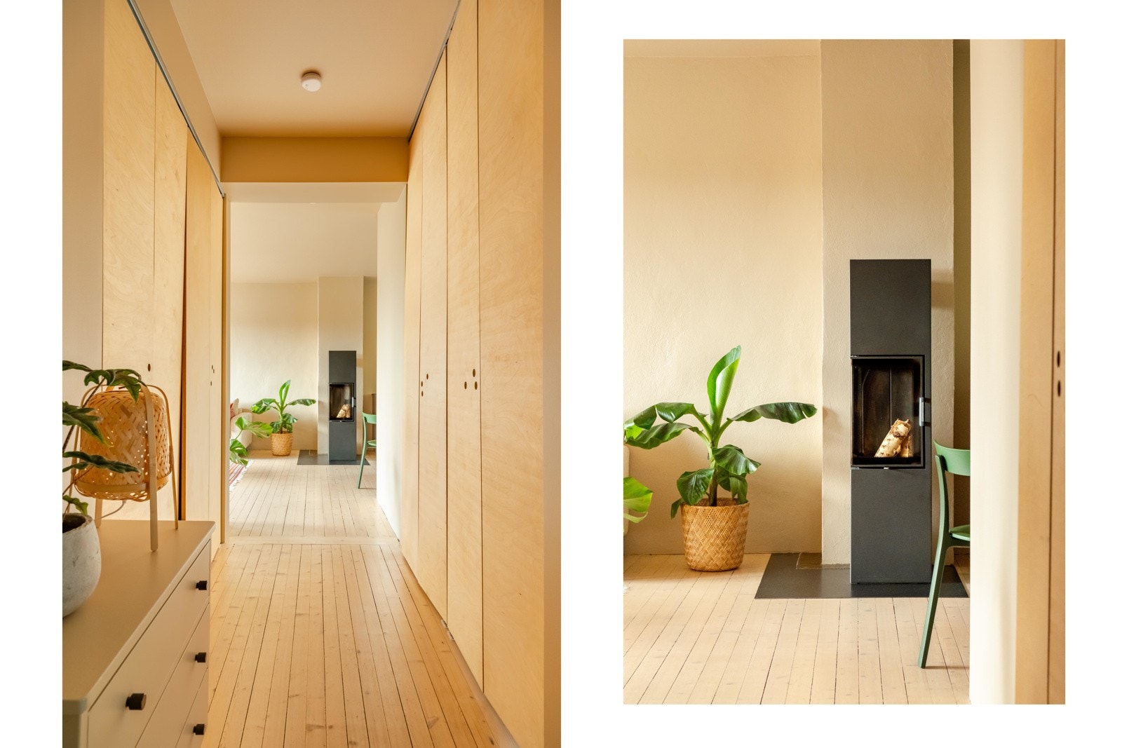 Nå er vi i gangen mellom inngangen og stua. Peisen varmer forresten skikkelig bra på kalde vinterdager! Galleribilde