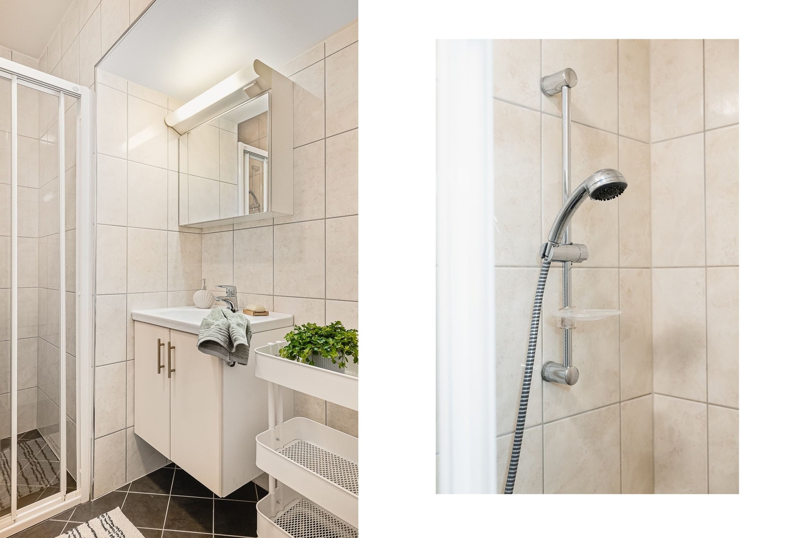 På badet er det opplegg for vaskemaskin. Vannforsyningsrør av pex rør (rør i rør), avløpsrør av plastrør og sluk av plast. Badet er bygget i regi av byggmester Hitlands renovering i 2007. Galleribilde