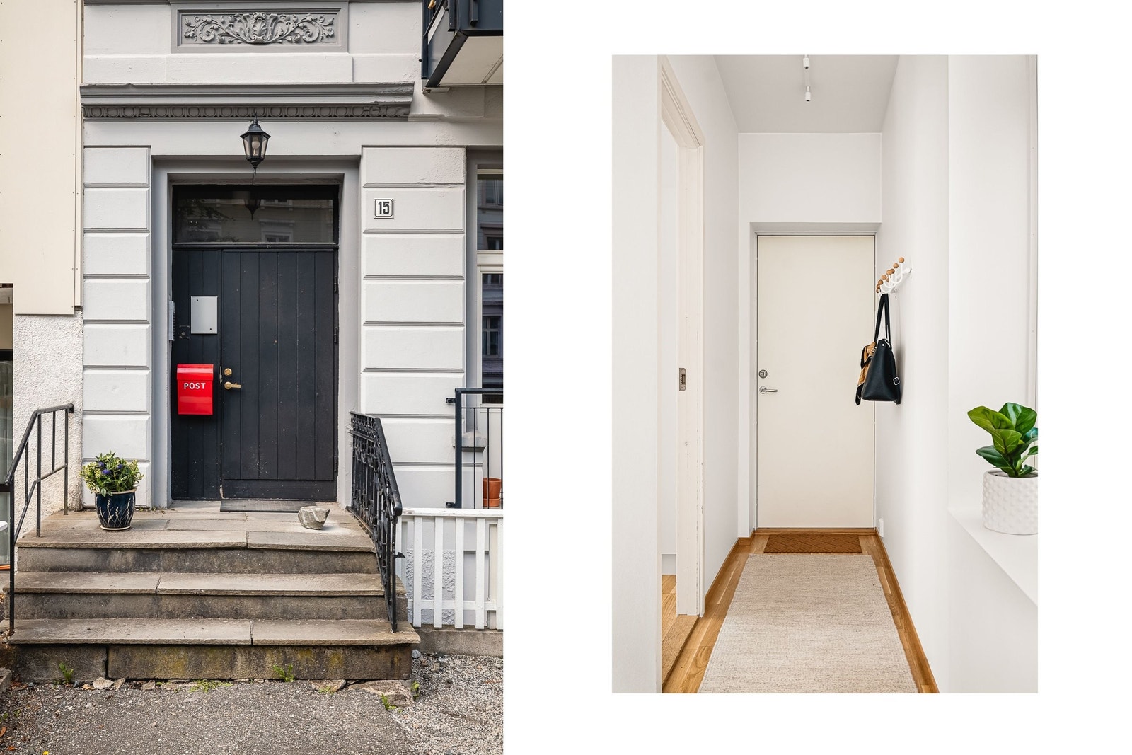 Pent inngangsparti med skifer, utebelysning og smijernsgjerde. Lys og trivelig entrè/gang. Borettslaget har dørtelefon. Ny i 2022. Galleribilde