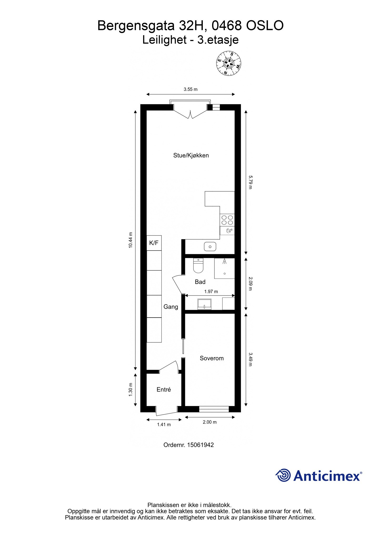 Plantegning. I tillegg disponerer leiligheten en kjellerbod på ca. 5m². Heis i bygget. Galleribilde