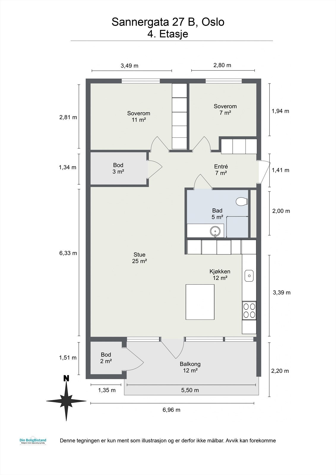 Plantegning. Leiligheten inneholder entré/gang, 2 soverom, bod, bad/vaskerom, åpen stue- og kjøkkenløsning med utgang til balkong og bod. Leiligheten disponerer også en bod og garasjeplass i kjelleretasjen. Galleribilde