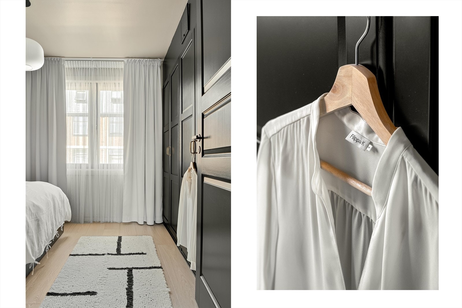 Det store vinduet slipper inn rikelig med naturlig lys. Gardinskinne i taket gir et pent uttrykk i rommet. Galleribilde