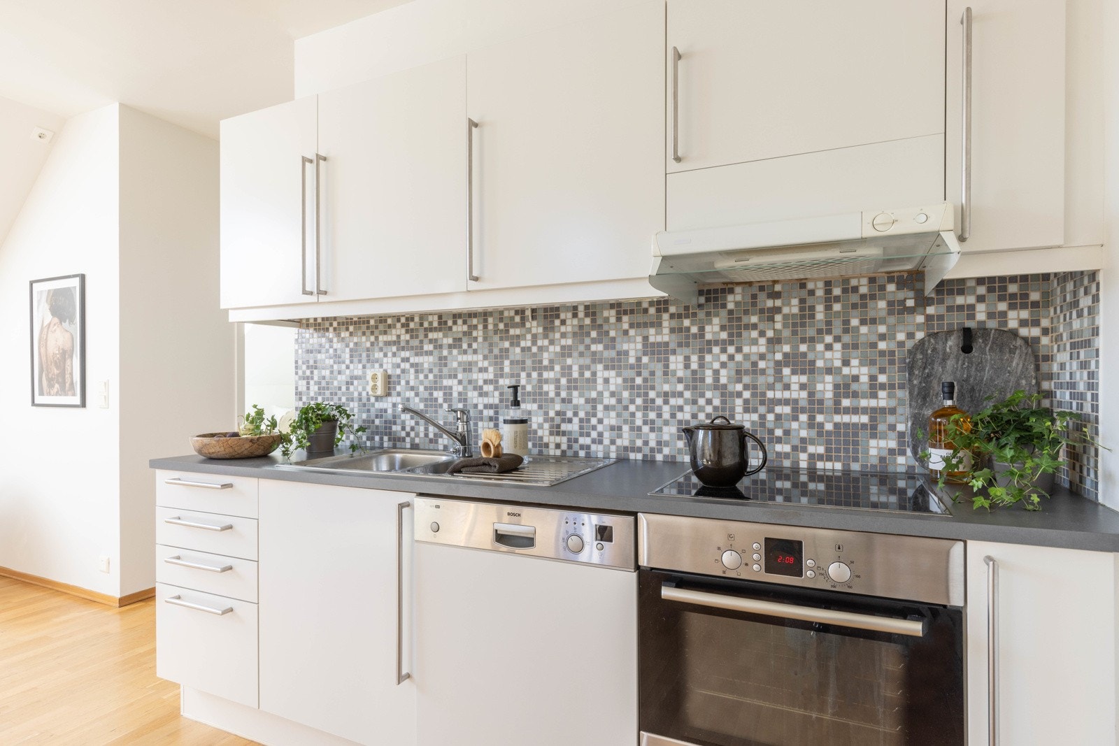 Integrerte hvitevarer som følger med er stekeovn, platetopp, ventilator og oppvaskmaskin. Galleribilde